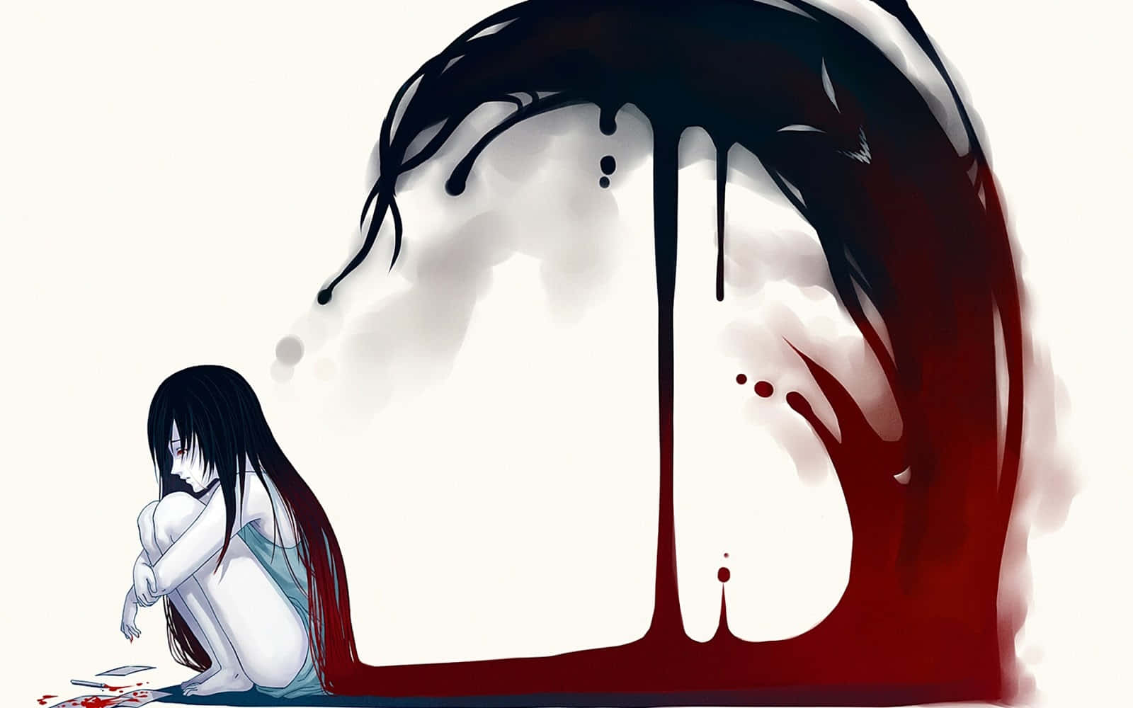 Crying 桌布 壁紙 — 一個孤獨的動漫女孩蜷縮著坐在一個巨大的滴血狀物體旁邊，背景是純白色。