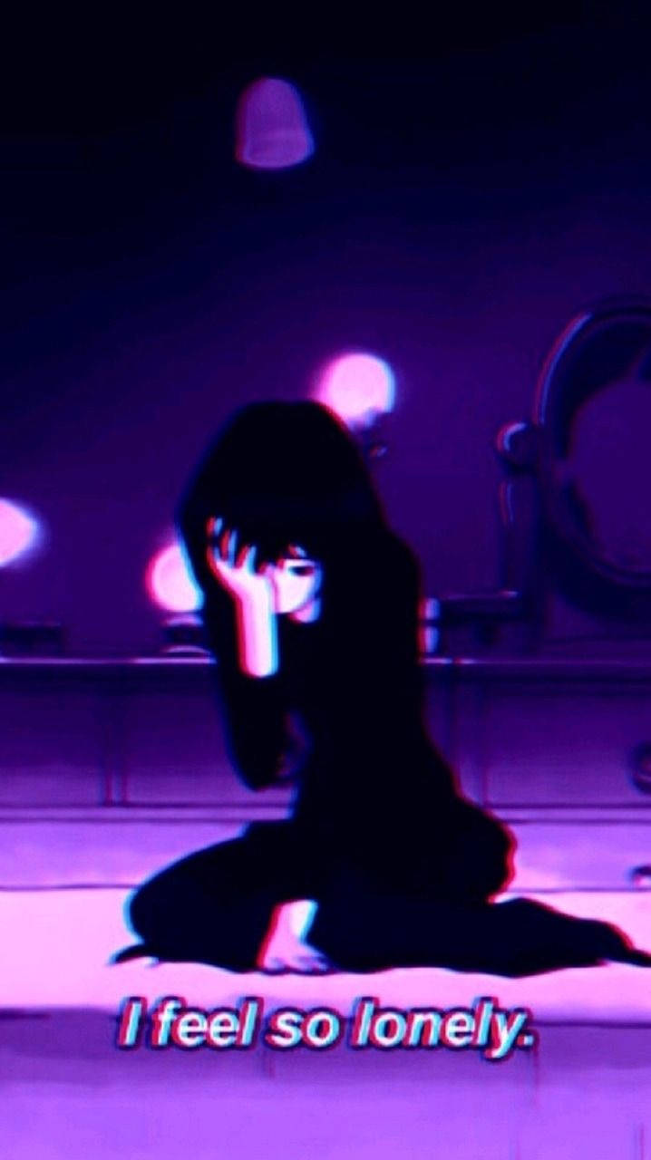 暗黑動漫風格GIF 桌布 壁紙 — 一個孤獨的動漫女孩跪在昏暗的紫色房間裡，雙手抱頭，周圍漂浮著發光的燈光。