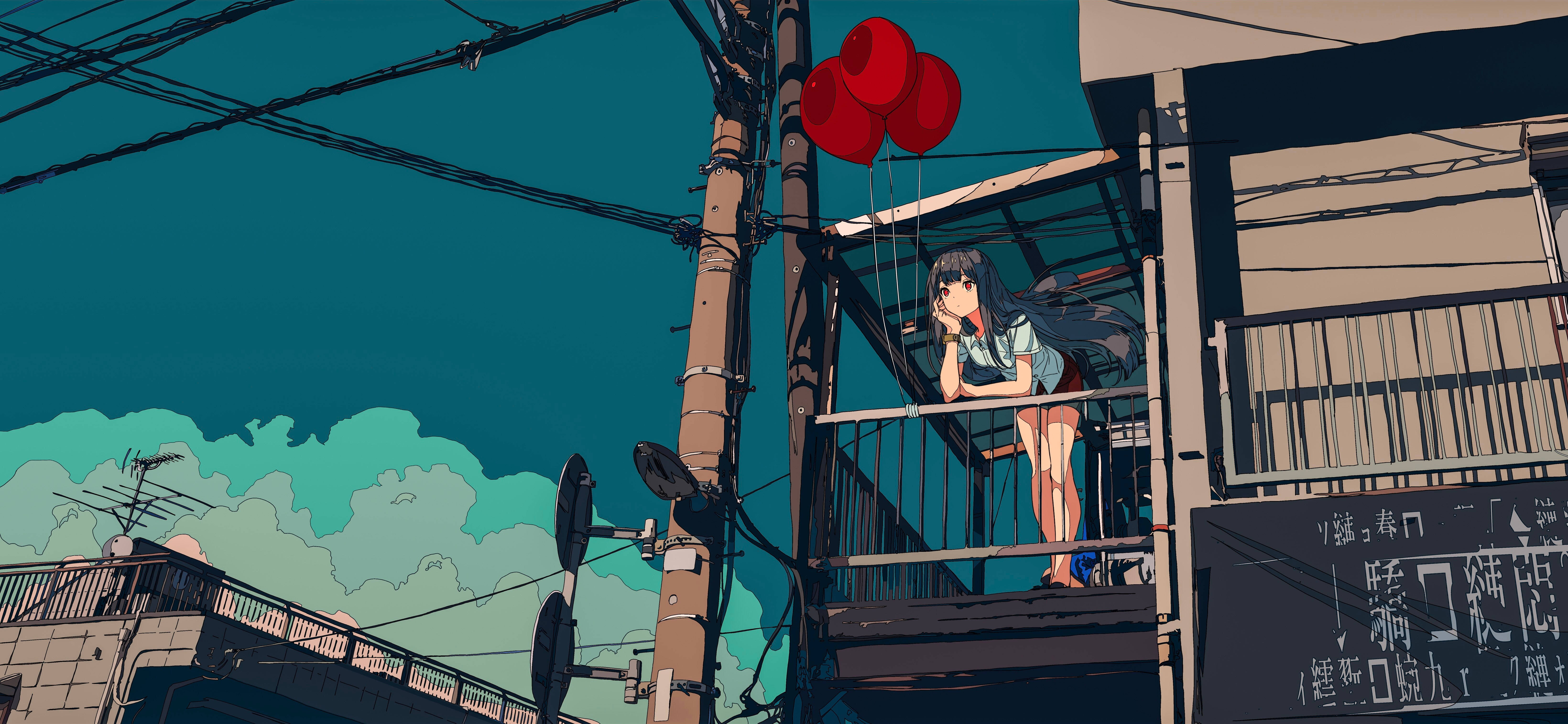 Animated Girl 桌布 壁紙 — 一個孤獨的動漫女孩靠在陽台上，拿著紅色氣球，背景是帶有風格化雲朵的藍綠色天空。