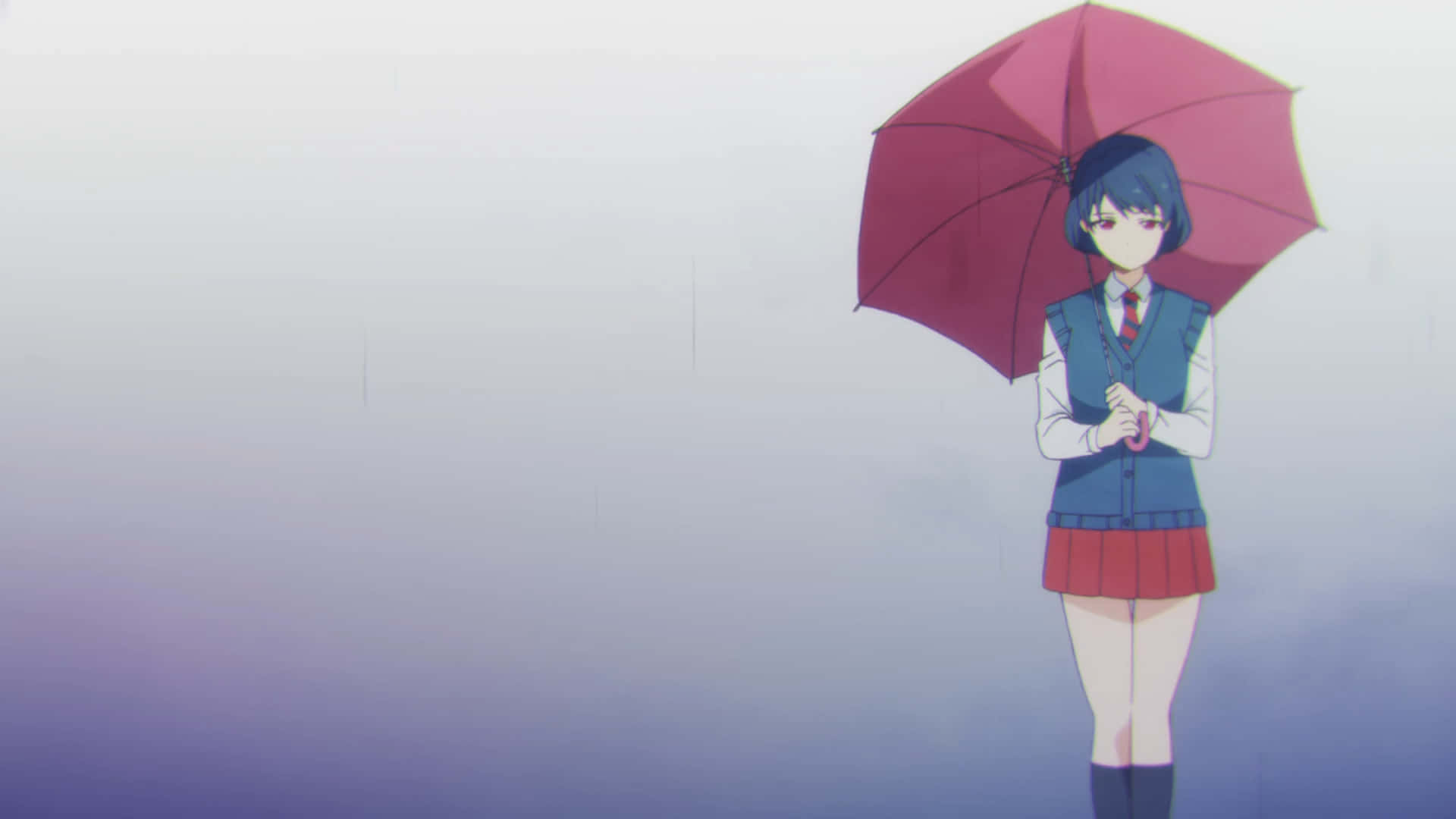 女孩 桌布 壁紙 — 一個孤獨的動漫女學生穿著校服，在柔和的紫色和灰色雨景背景下撐著一把紅傘。