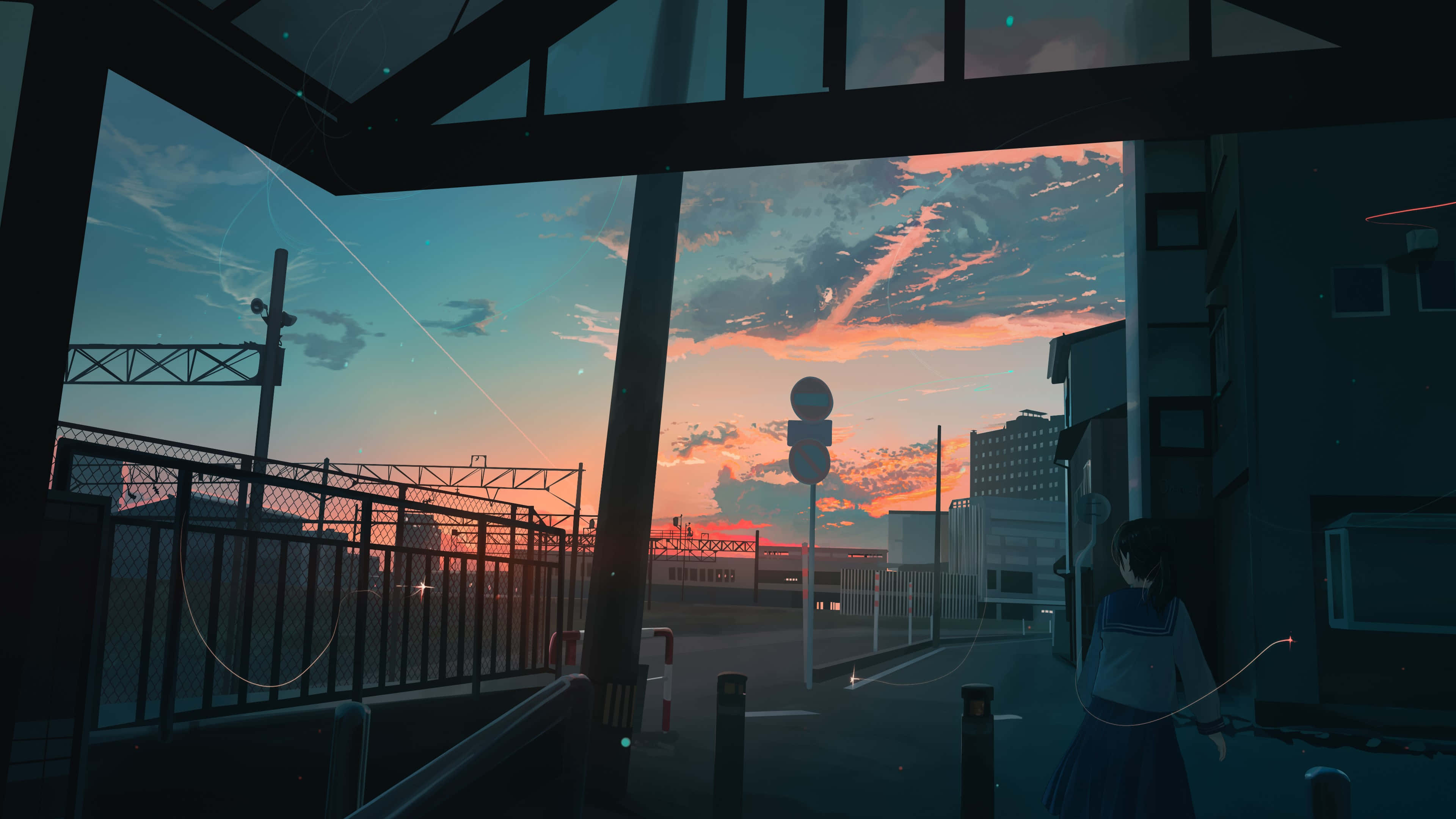 Aesthetic Anime City 桌布 壁紙 — 一個孤獨的動漫女學生站在車站天橋下，夕陽將城市天空染成橙色和藍綠色。