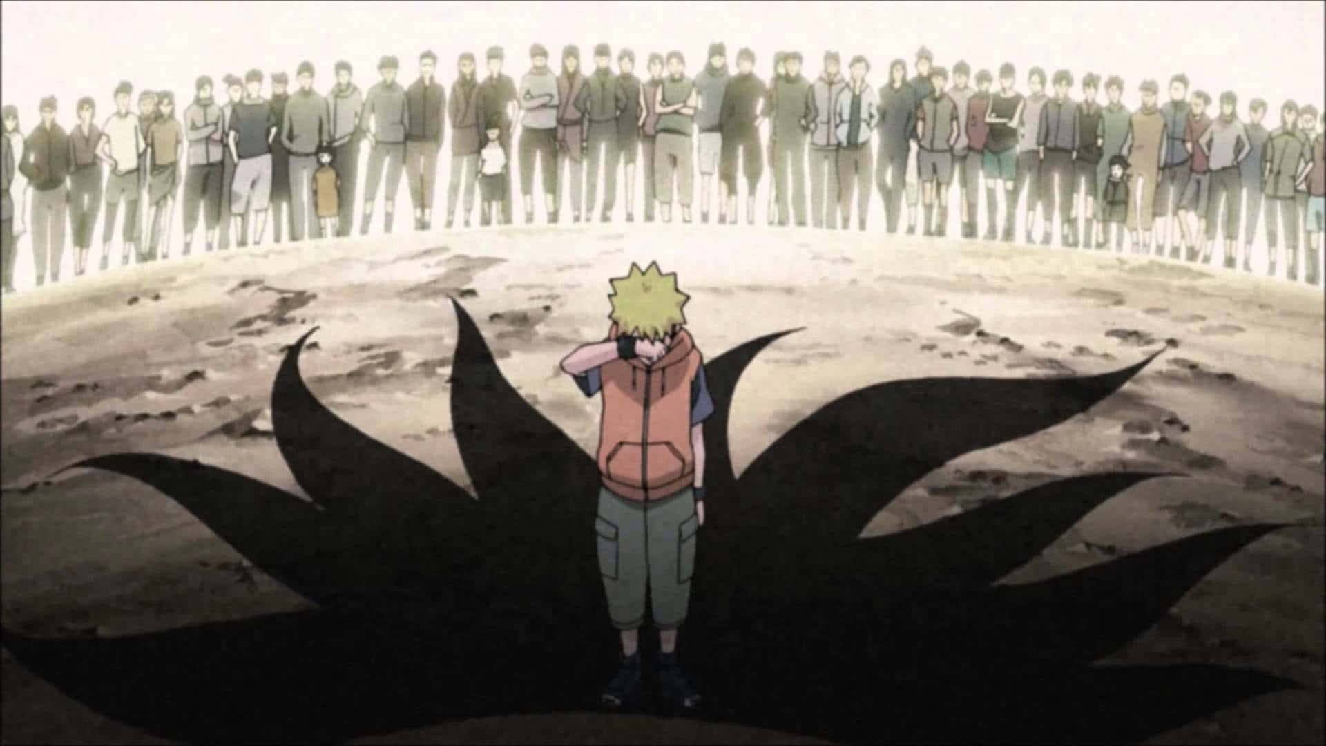 Naruto Alone 桌布 壁紙 — 一個孤獨的動漫少年，頭髮尖刺，站在一個巨大的陰影人物面前，人群從遠處的山丘觀看。