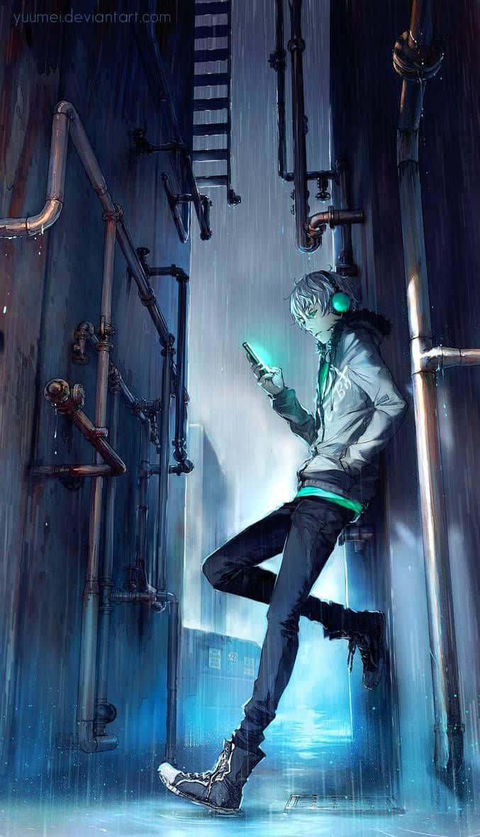 動漫 桌布 壁紙 — 一個孤獨的動漫少年戴著發光的綠色耳機，在雨中的小巷裡靠著管道，被手機的藍光照亮。