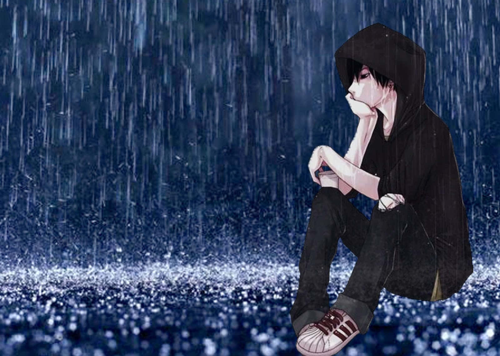 Animated 桌布 壁紙 — 一個孤獨的動漫少年穿著黑色連帽衫，在傾盆大雨中彎腰坐著，手托下巴，周圍是閃閃發光的藍色水。