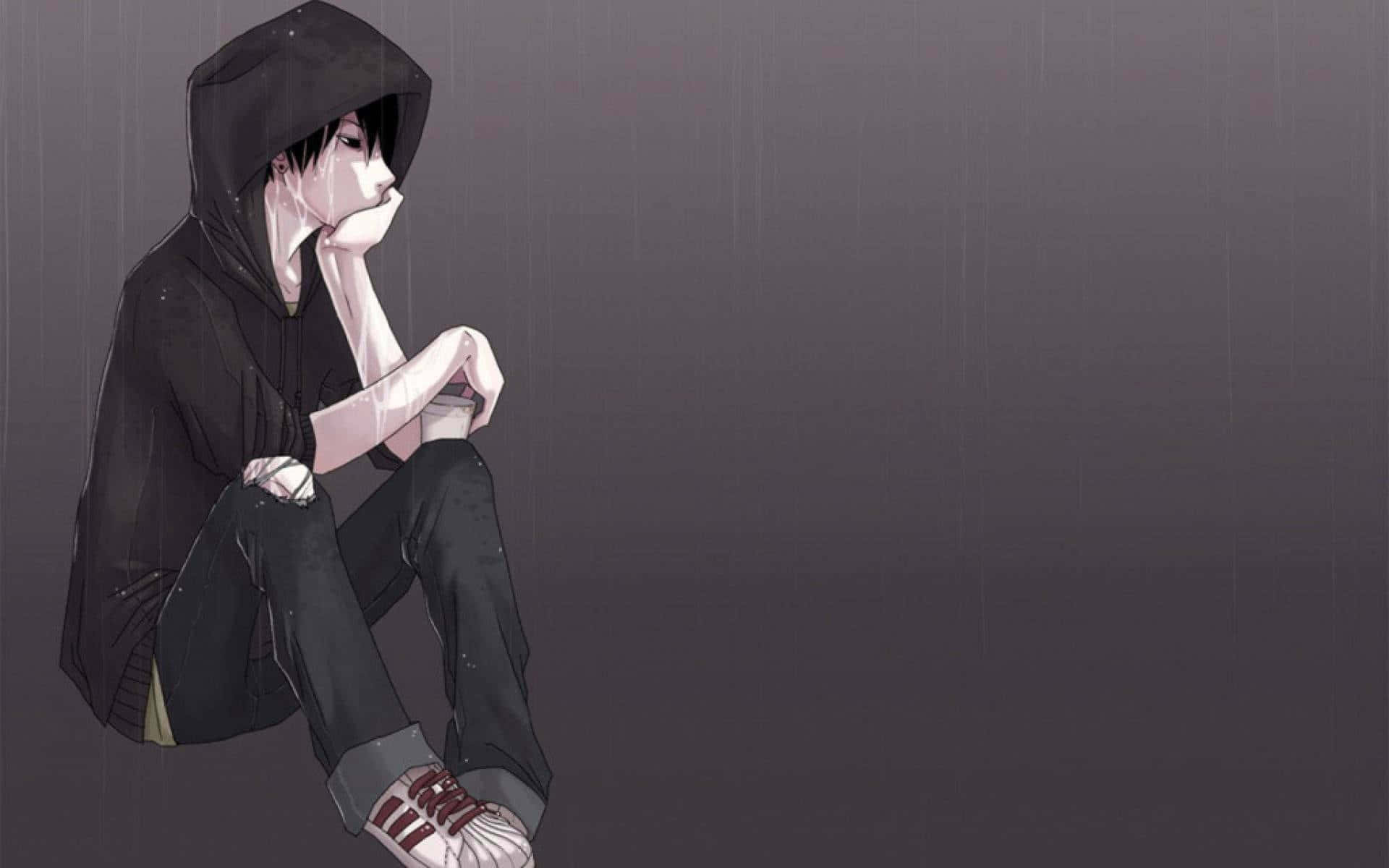 Dark Emotional 桌布 壁紙 — 一個孤獨的動漫少年穿著黑色連帽衫，在灰色雨中彎腰坐著，手托下巴，在陰沉的城市背景下陷入沉思。