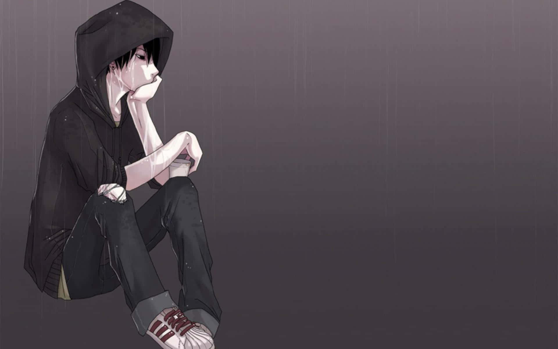 Alone Sad Anime 桌布 壁紙 — 一個孤獨的動漫少年穿著黑色連帽衫，在深灰色背景前，雨中蜷縮而坐，手托下巴。