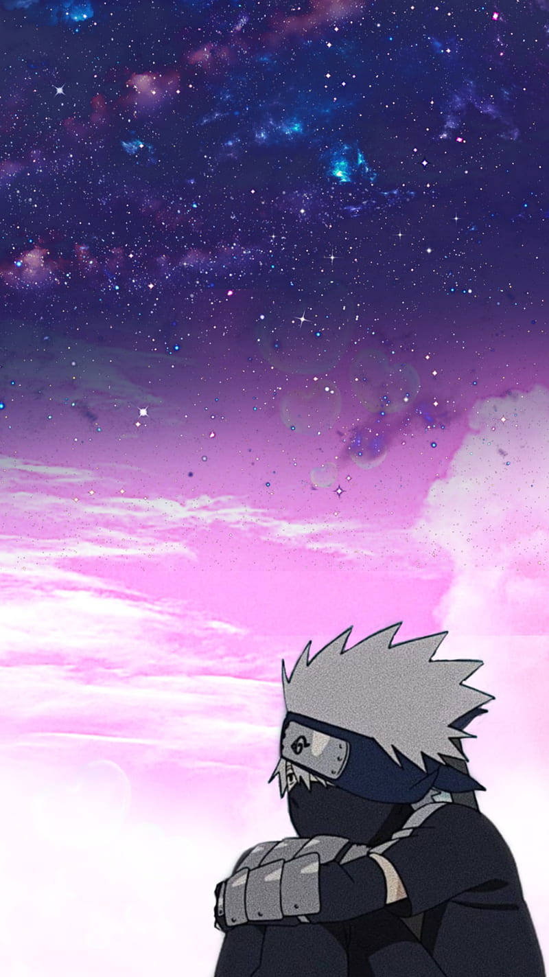 Sad Anime Phone 桌布 壁紙 — 一個孤獨的動漫忍者，有著尖刺的白髮，仰望充滿星星和星雲的充滿活力的宇宙天空。