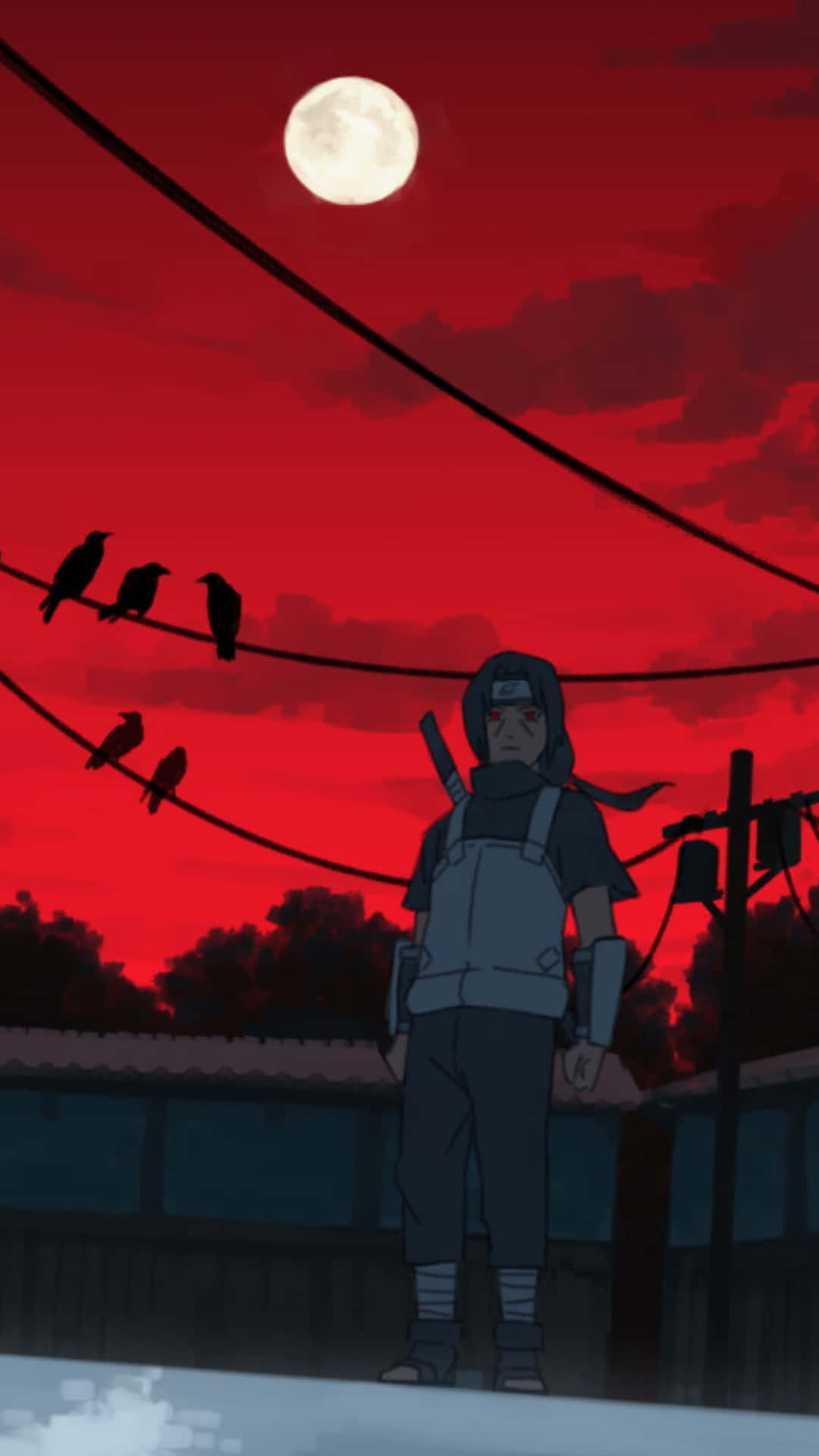 Uchiha iPhone 桌布 壁紙 — 一個孤獨的動漫忍者站在血紅色的天空下，滿月當空，烏鴉棲息在電線上。
