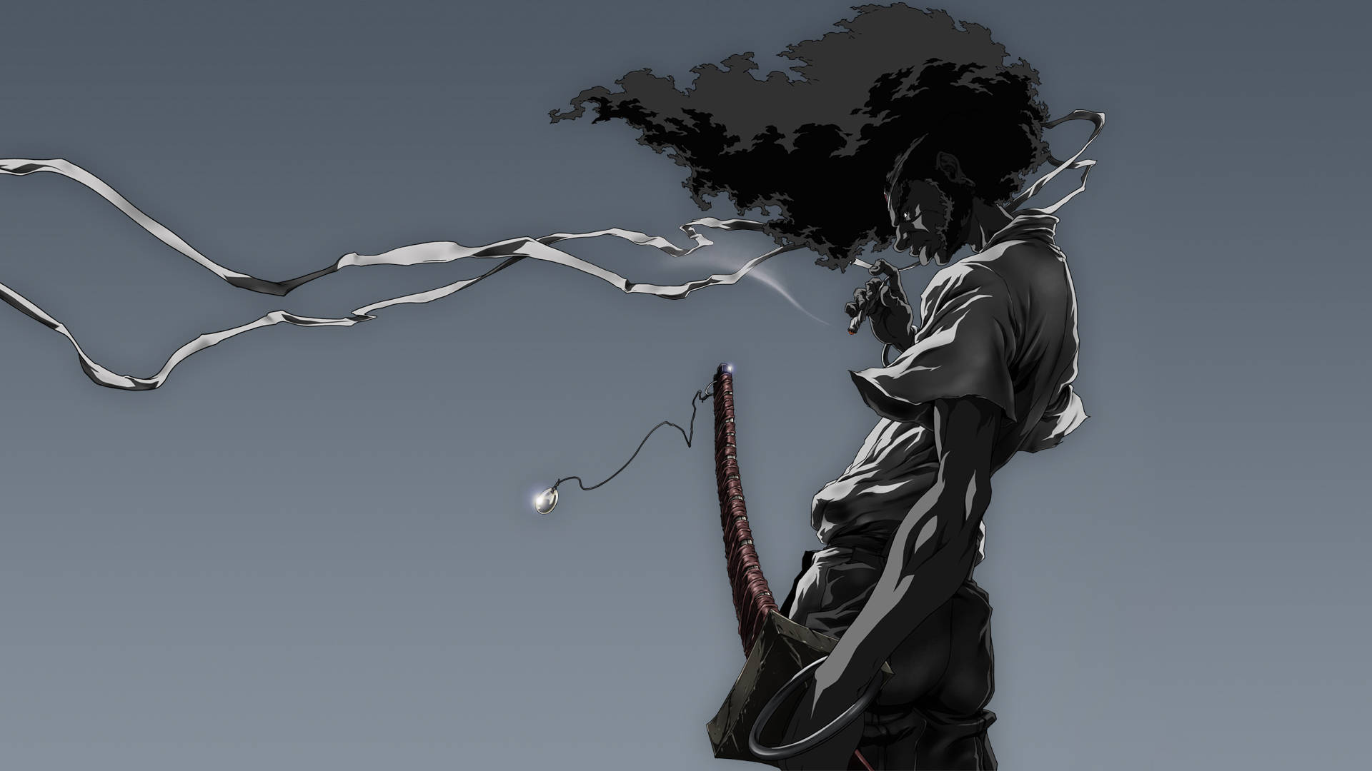Anime Samurai 桌布 壁紙 — 一個孤獨的動漫戰士，擁有狂野的黑髮和一把劍，站在灰色的天空下，銀色絲帶從他的嘴裡流出。