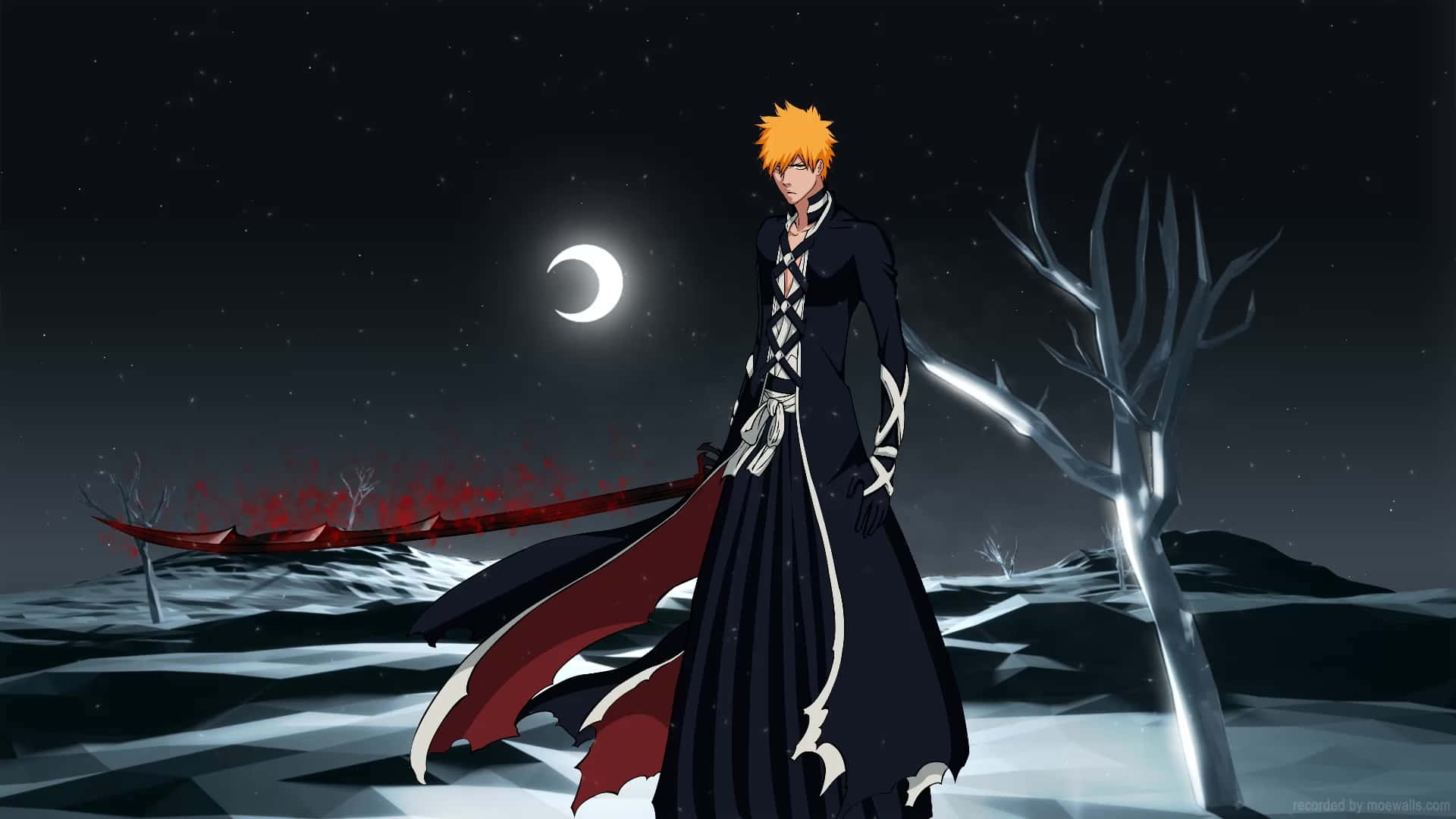 Ichigo Final Form 桌布 壁紙 — 一個孤獨的動漫戰士，橙色頭髮，站在新月下的雪地荒原中，手持紅色劍。