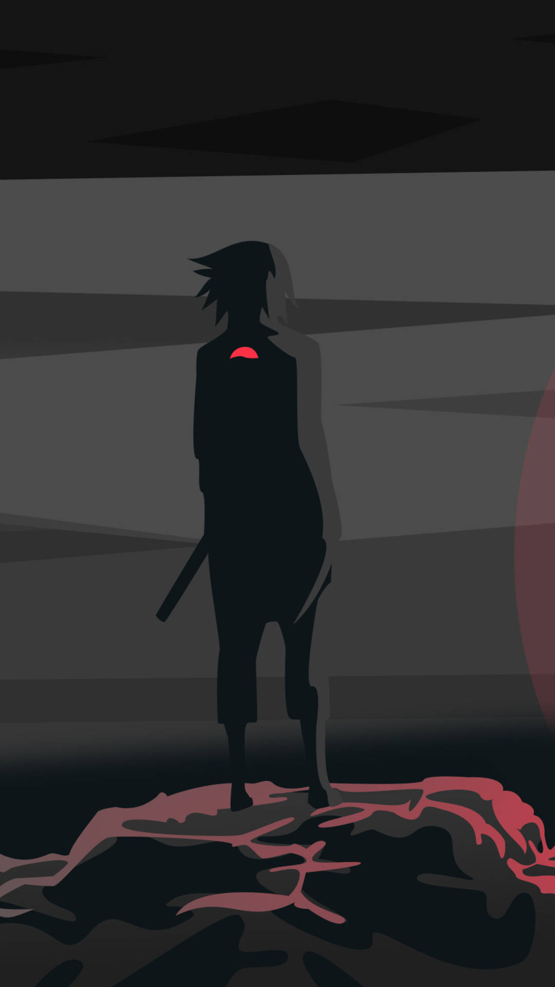 Silhouette 桌布 壁紙 — 一個孤獨的動漫戰士以剪影站在黑暗漸層的天空前，背上有一個發光的紅色標記，腳下是紅色地面。