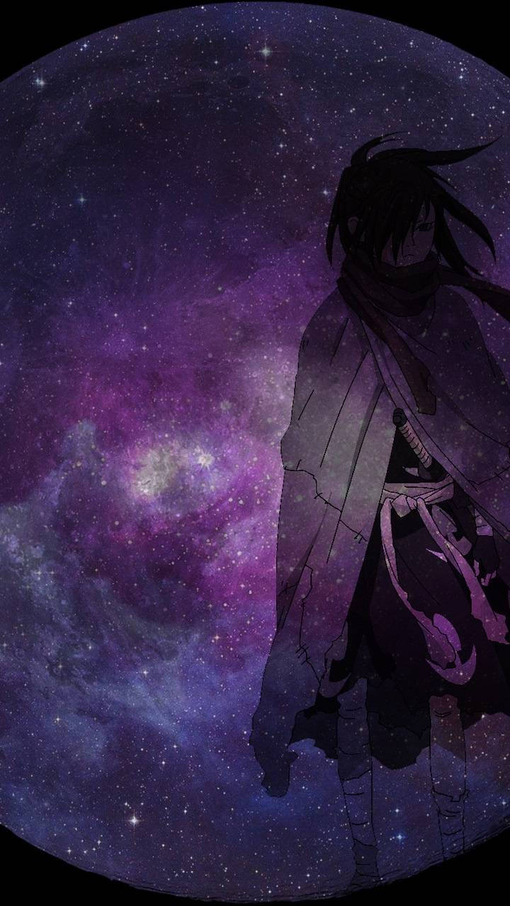多羅羅 桌布 壁紙 — 一個孤獨的動漫戰士剪影站在一個充滿星星的旋轉紫色星系前。