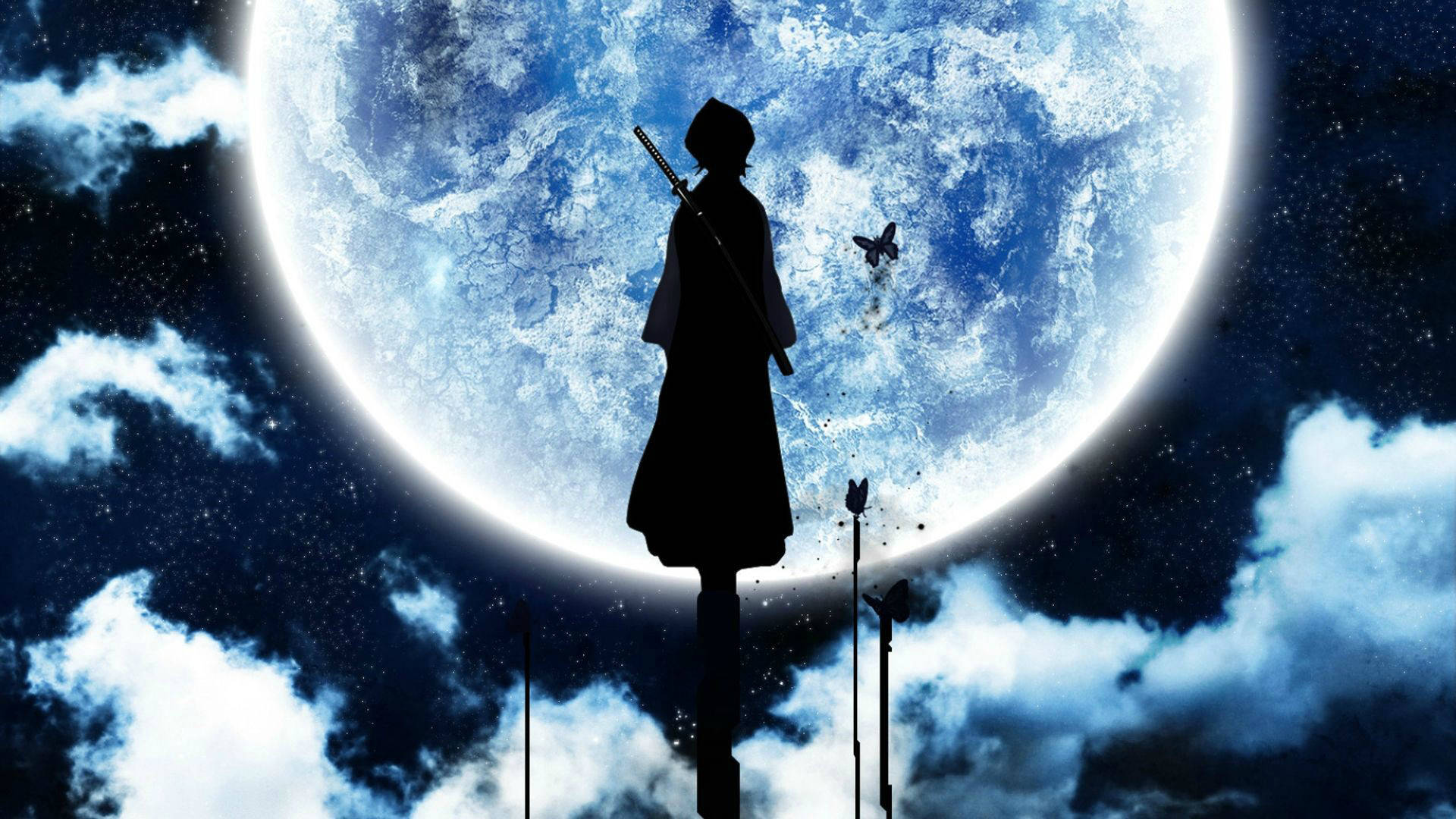 死神 桌布 壁紙 — 一個孤獨的動漫戰士剪影站在巨大的發光月亮前，蝴蝶在附近飛舞。