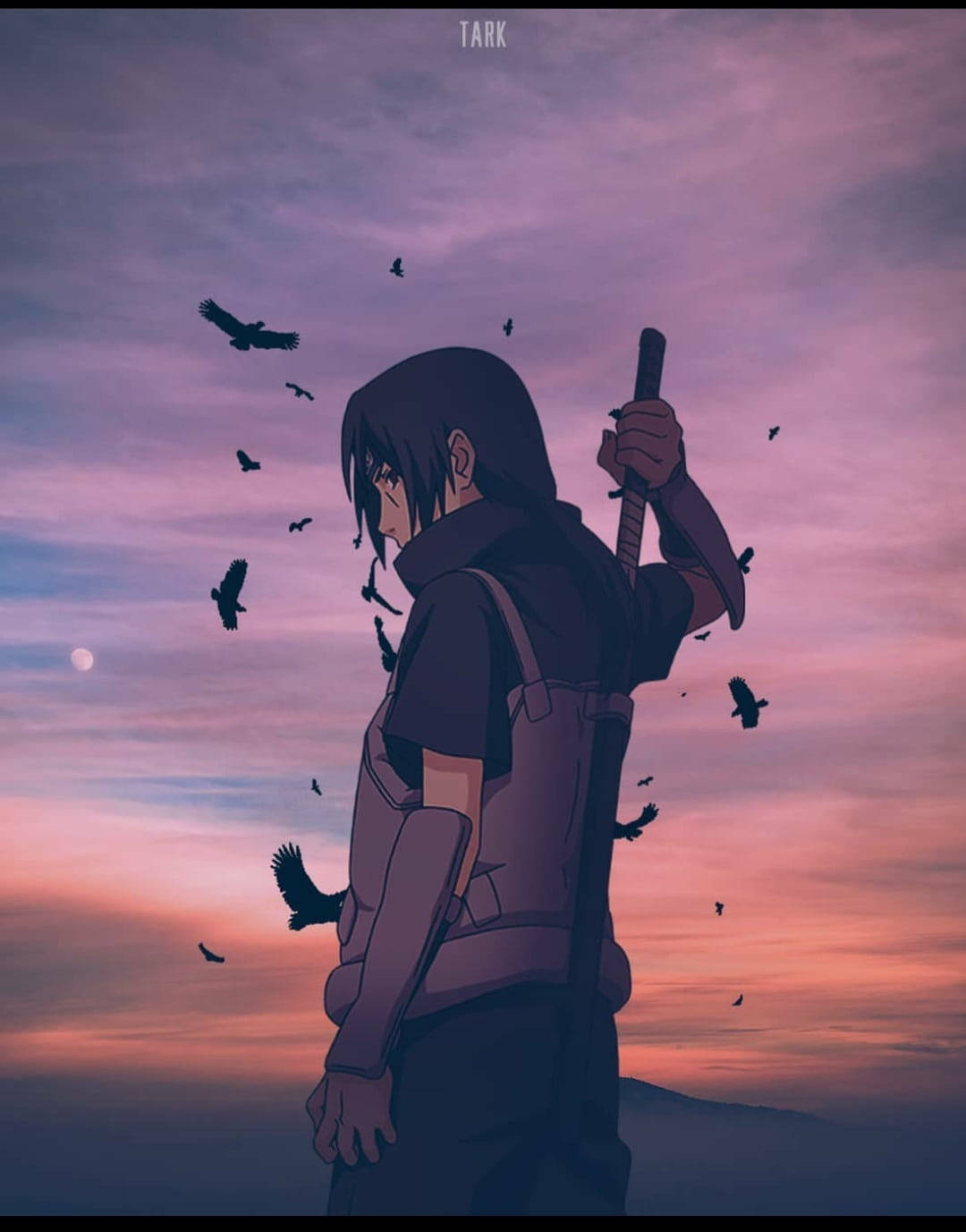 Itachi Cool 桌布 壁紙 — 一個孤獨的動漫戰士在暮色天空下以剪影站立，烏鴉拿著劍在他周圍盤旋。