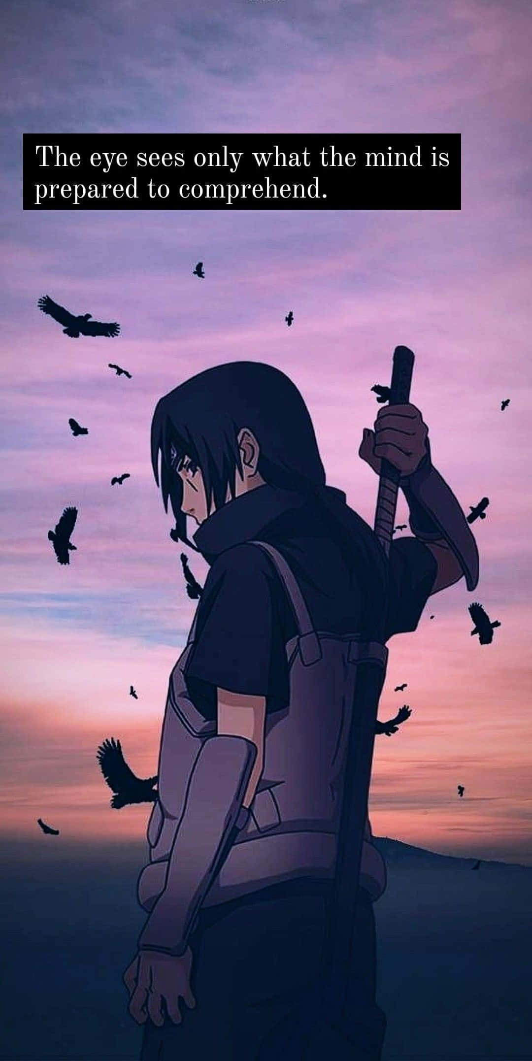 Akatsuki Quotes 桌布 壁紙 — 一個孤獨的動漫戰士在暮色天空下呈現剪影，烏鴉在他周圍飛翔，他手持一把劍。