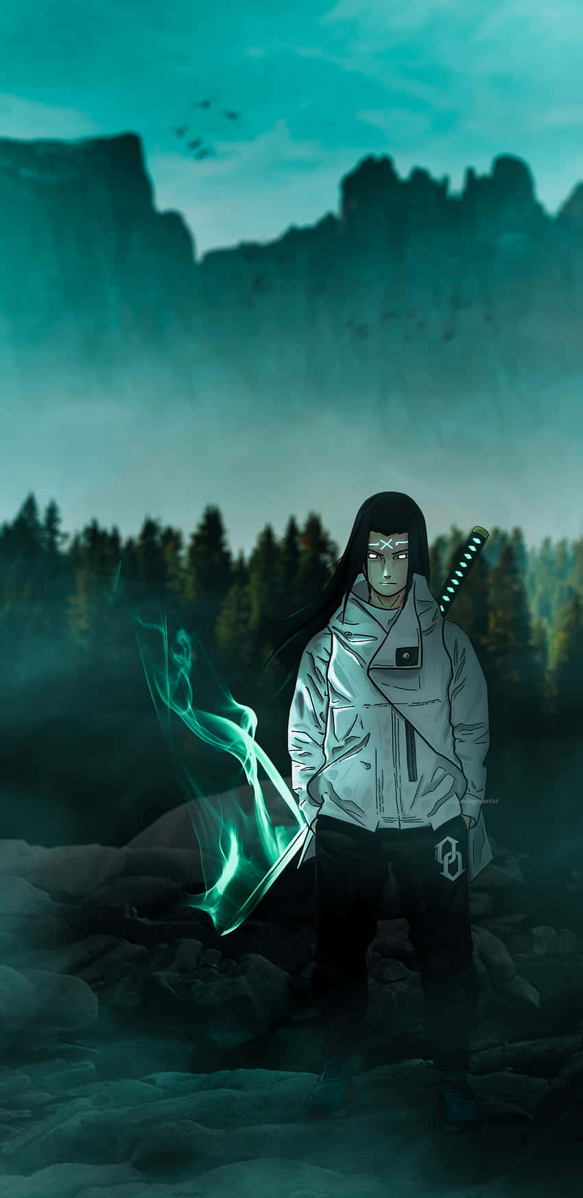 Neji Hyuga 桌布 壁紙 — 一個孤獨的動漫戰士手持發光的綠色劍，站在霧氣瀰漫的森林山脈中，天空呈藍綠色。