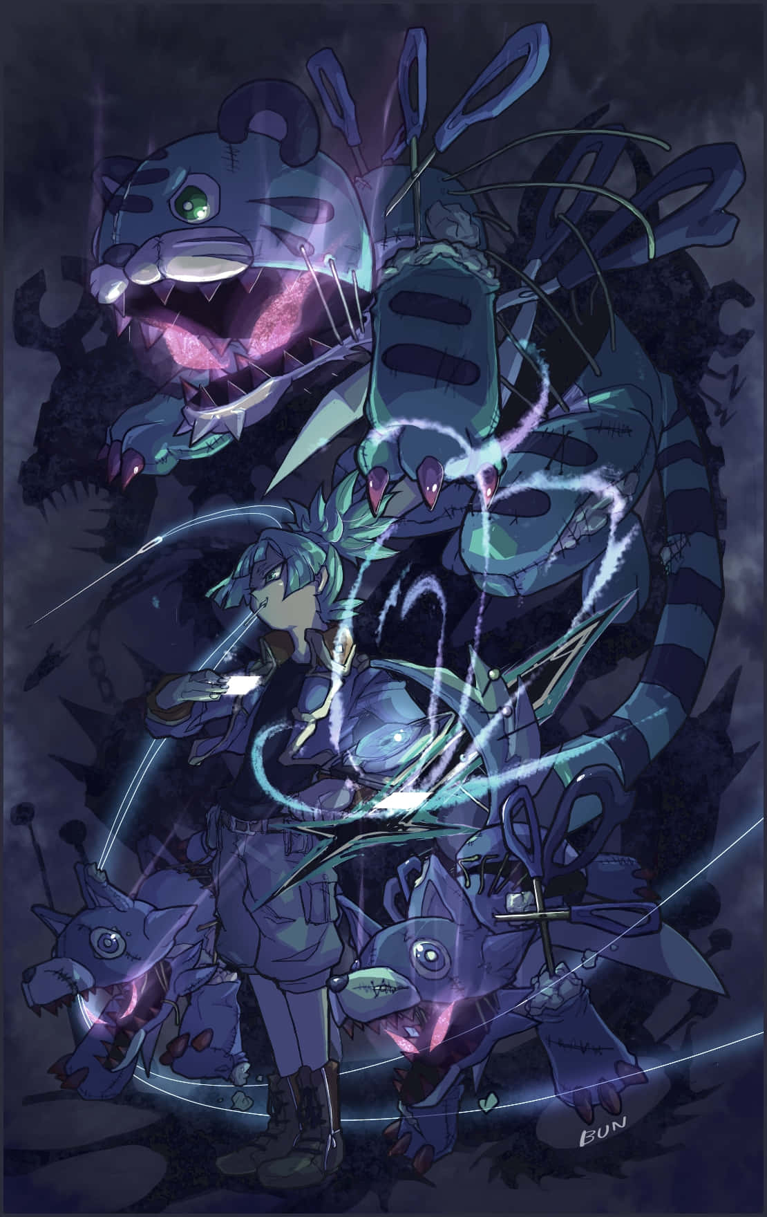Sora Shiunin 桌布 壁紙 — 一個孤獨的動漫戰士挑釁地站在一個高聳的發光藍色怪物面前，怪物有著發光的眼睛和鋒利的牙齒。