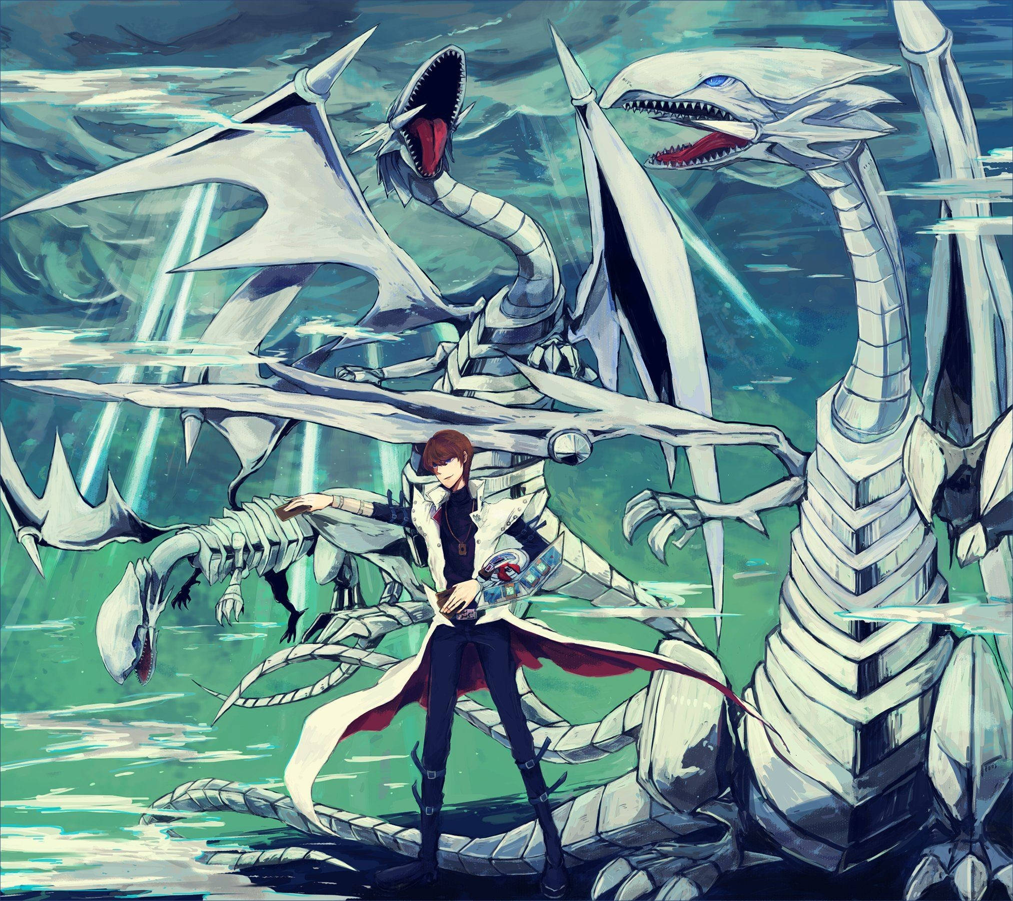 kaiba 桌布 壁紙 — 一個孤獨的動漫戰士挑釁地站在從洶湧的藍綠色水域中出現的巨大骷髏龍面前。