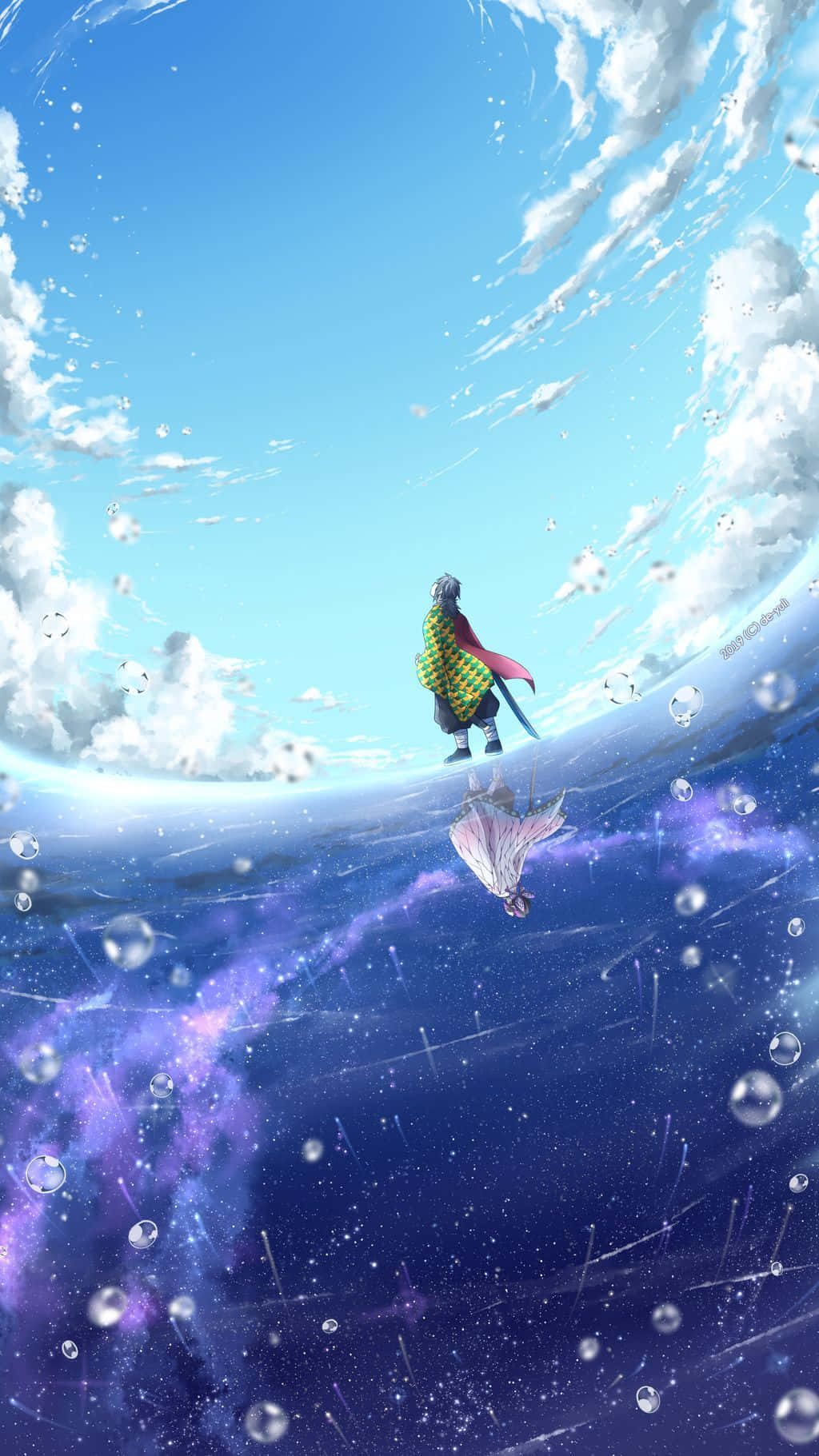 桌布 壁紙 — 一個孤獨的動漫戰士站在彎曲的地平線上，介於明亮的藍天和充滿星星的紫色虛空之間，虛空中充滿了氣泡。