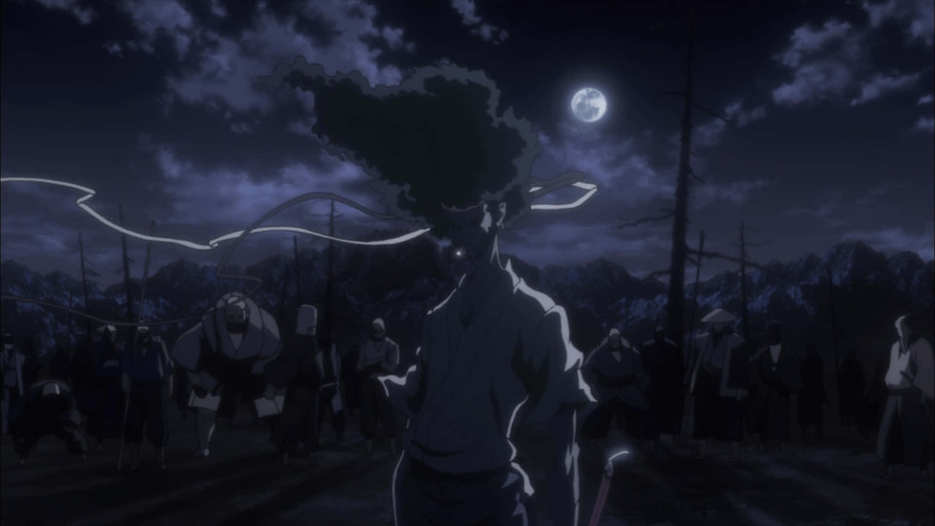 Afro Samurai 桌布 壁紙 — 一個孤獨的動漫戰士站在滿月下，黑暗能量在他上方旋轉，被山區夜景中的陰影人物包圍。