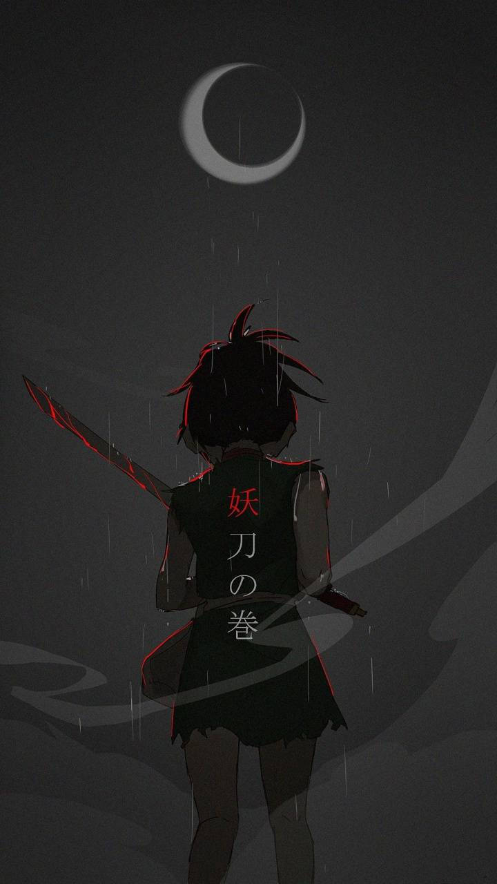 多羅羅 桌布 壁紙 — 一個孤獨的動漫戰士站在雨中的新月下，背上有一把發光的紅色劍。