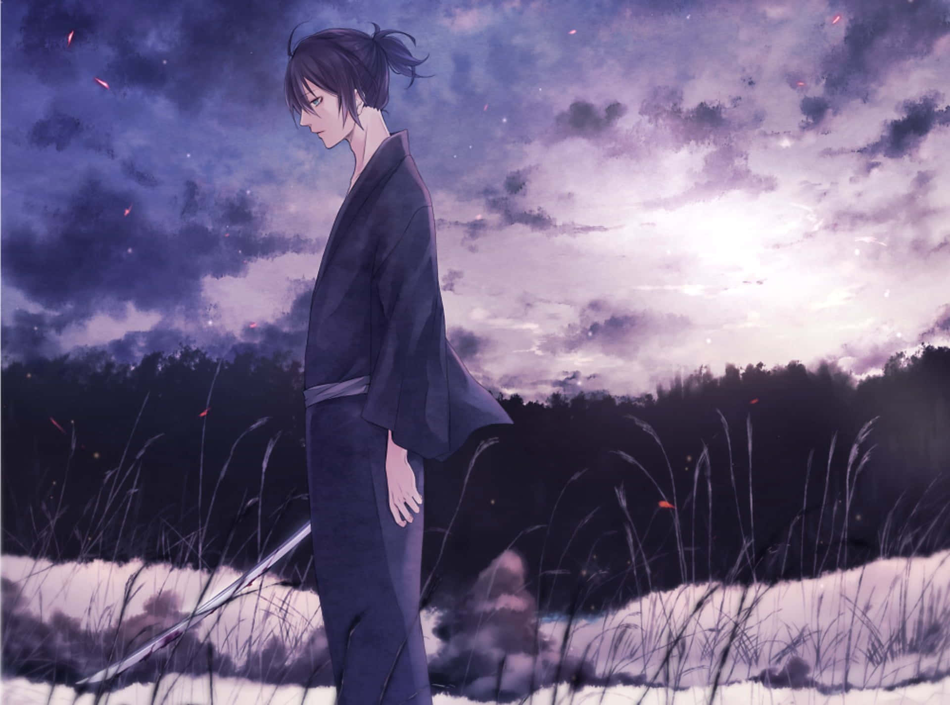 Noragami 桌布 壁紙 — 一個孤獨的動漫武士站在雪地上，天空是紫色的雲和飄落的櫻花。