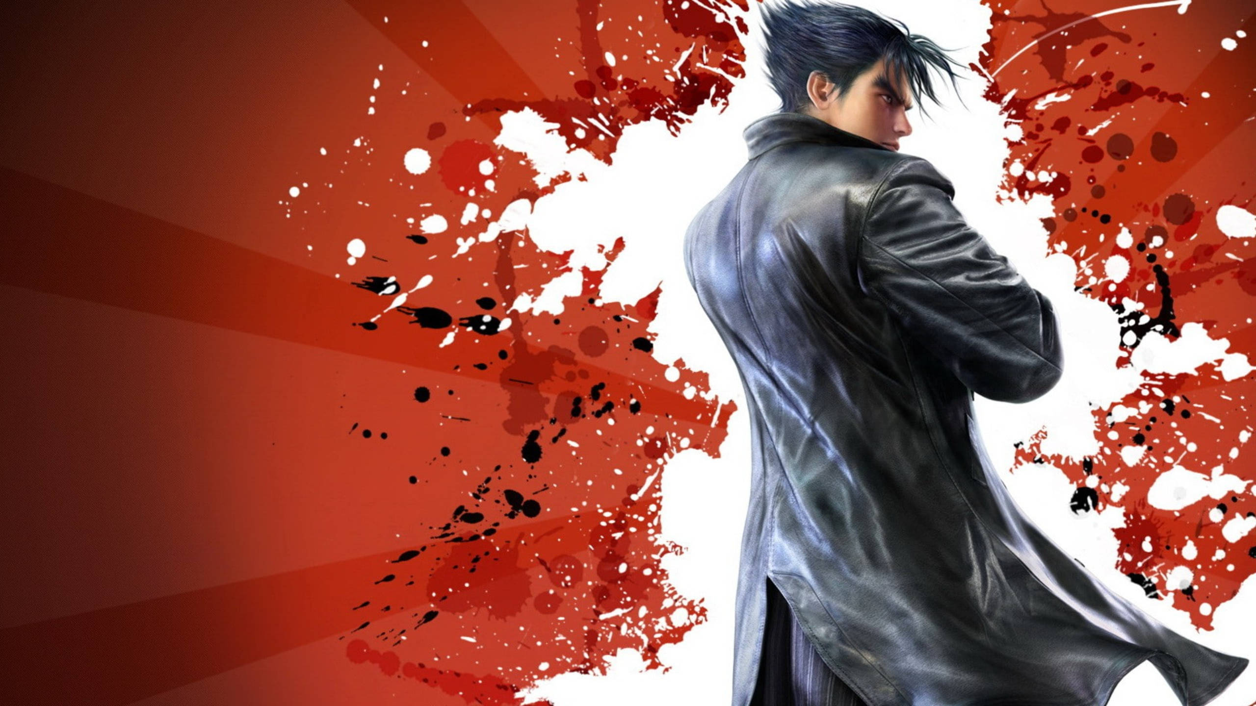 Tekken 桌布 壁紙 — 一個孤獨的動漫男人穿著黑色風衣，站在動態的紅色和白色潑濺背景前。