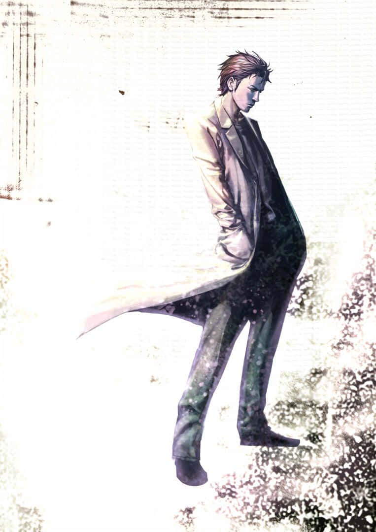Rintaro Okabe 桌布 壁紙 — 一個孤獨的動漫男子穿著長外套，靠著風化的紋理牆壁，表情沉思。