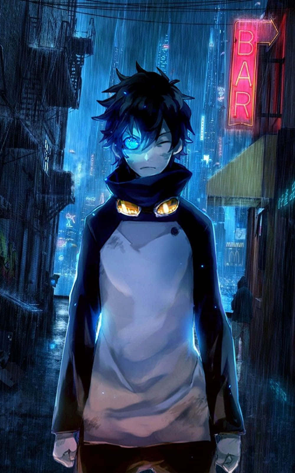 動漫 桌布 壁紙 — 一個孤獨的動漫男孩，擁有發光的藍色眼睛，站在被雨水浸濕、霓虹燈閃爍的小巷中，下方是發光的酒吧招牌。