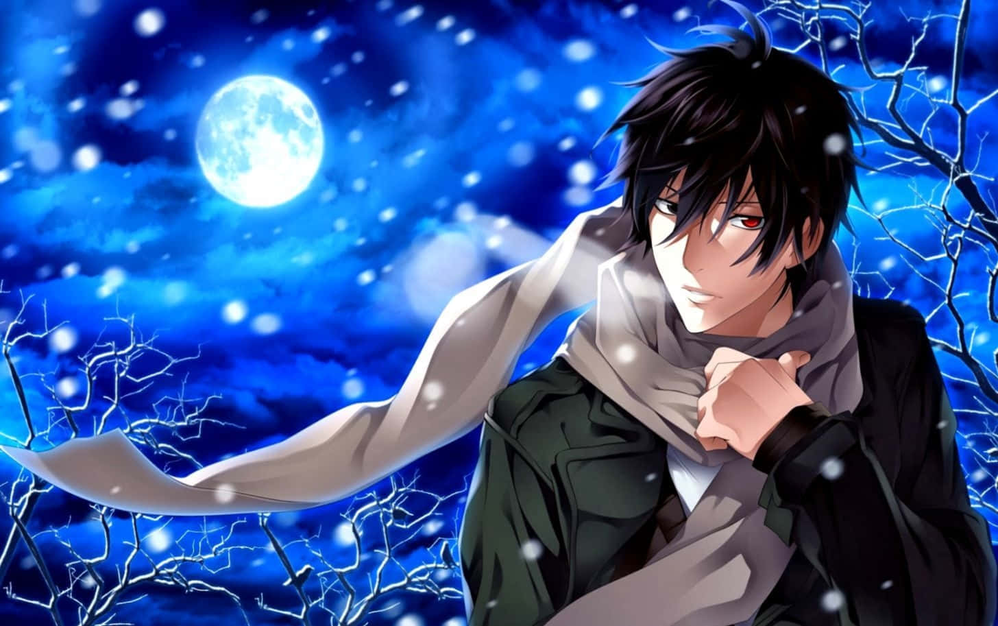 Cute Boy Anime 桌布 壁紙 — 一個孤獨的動漫男孩，紅眼睛，黑頭髮，站在雪夜中，在光亮的滿月下，周圍是光禿禿的樹枝。