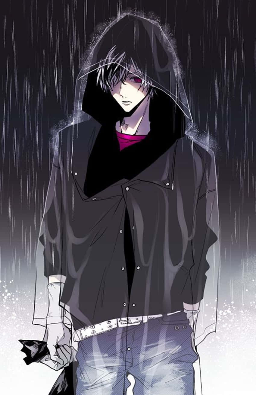 Raining 桌布 壁紙 — 一個孤獨的動漫男孩，銀色頭髮，紅色眼睛，在傾盆大雨中戴著深色連帽衫，穿著濕透的黑色外套，內搭粉紅色襯衫。