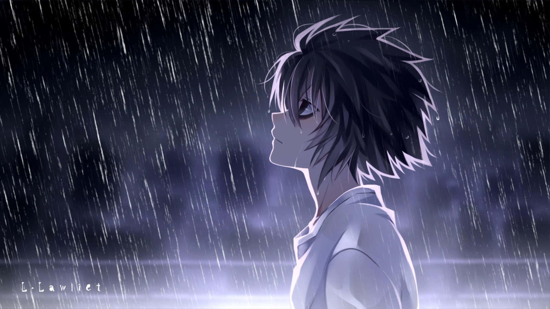 Sad Anime Death 桌布 壁紙 — 一個孤獨的動漫男孩，頭髮尖刺，站在傾盆大雨中，雨水劃過漆黑的夜空，他抬頭仰望。