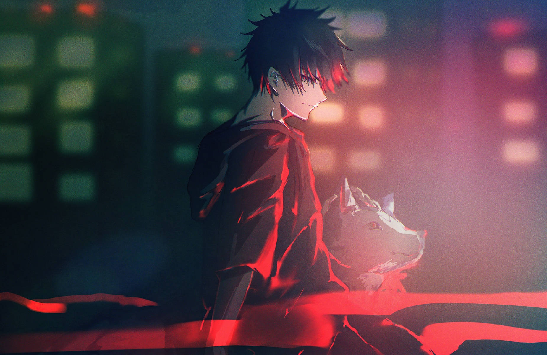 Jujutsu Kaisen Desktop 桌布 壁紙 — 一個孤獨的動漫男孩，頭髮尖刺，站在霓虹燈閃爍的城市景觀中，手持發光的狐狸面具。