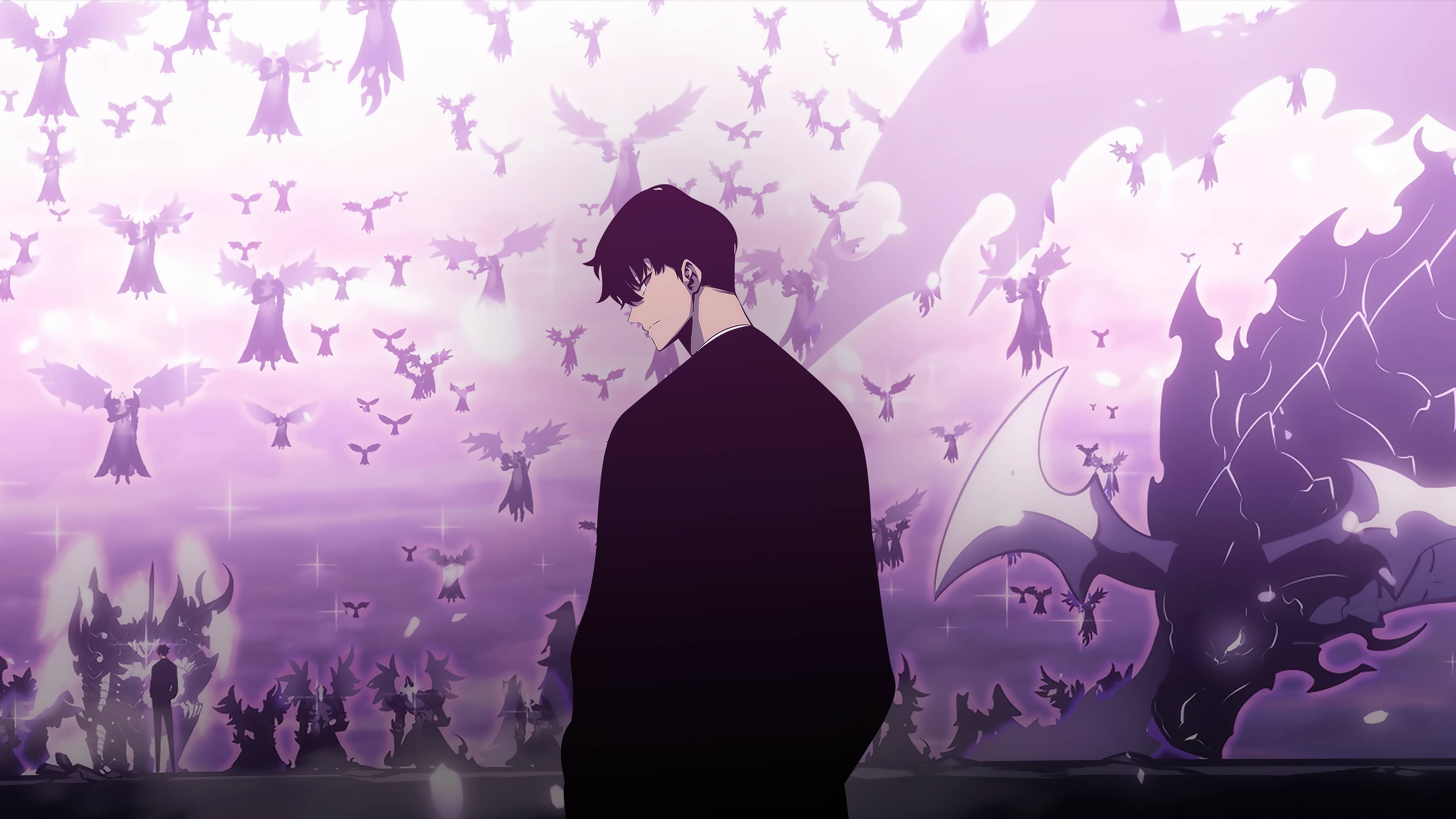 Jin 桌布 壁紙 — 一個孤獨的動漫男孩以剪影站在紫色天空下，天空充滿飛翔的天使形象和黑暗奇幻生物。
