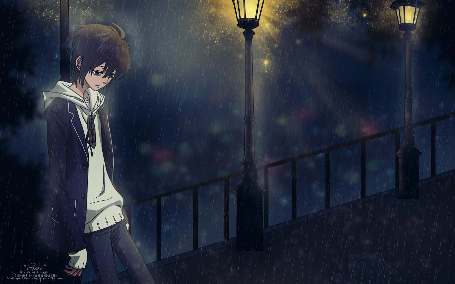 動漫男孩 桌布 壁紙 — 一個孤獨的動漫男孩在夜晚站在橋上被雨水打濕的路燈下，潮濕的空氣中閃爍著發光的散景燈光。