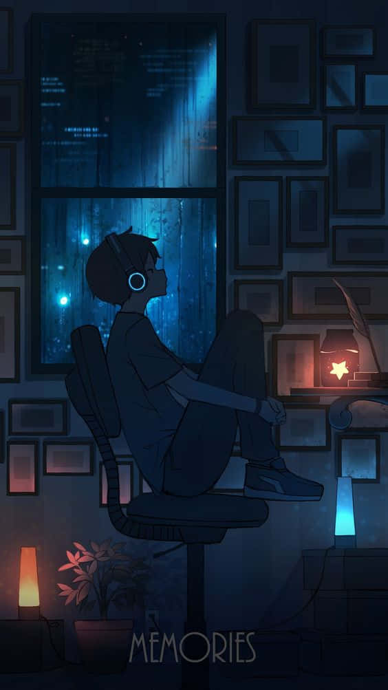 桌布 壁紙 — 一個孤獨的動漫男孩坐在昏暗的房間裡，戴著耳機，凝視窗外發光的藍色數位雨，而附近一盞溫暖的燈投射出光芒。