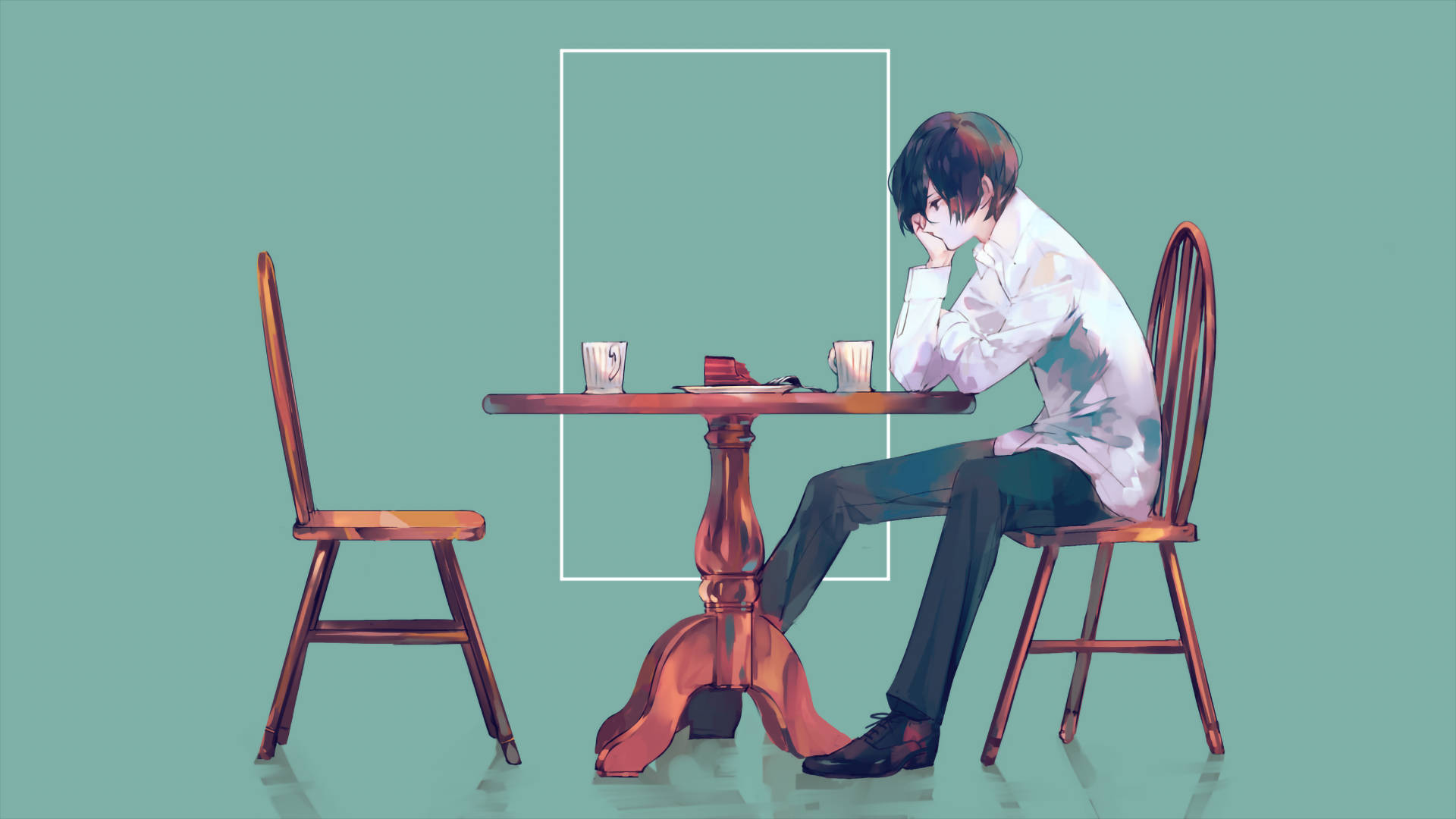Aesthetic Anime Boy 桌布 壁紙 — 一個孤獨的動漫男孩坐在青綠色房間的木桌旁，雙手抱頭，旁邊有一張空椅子和半個吃剩的蛋糕。