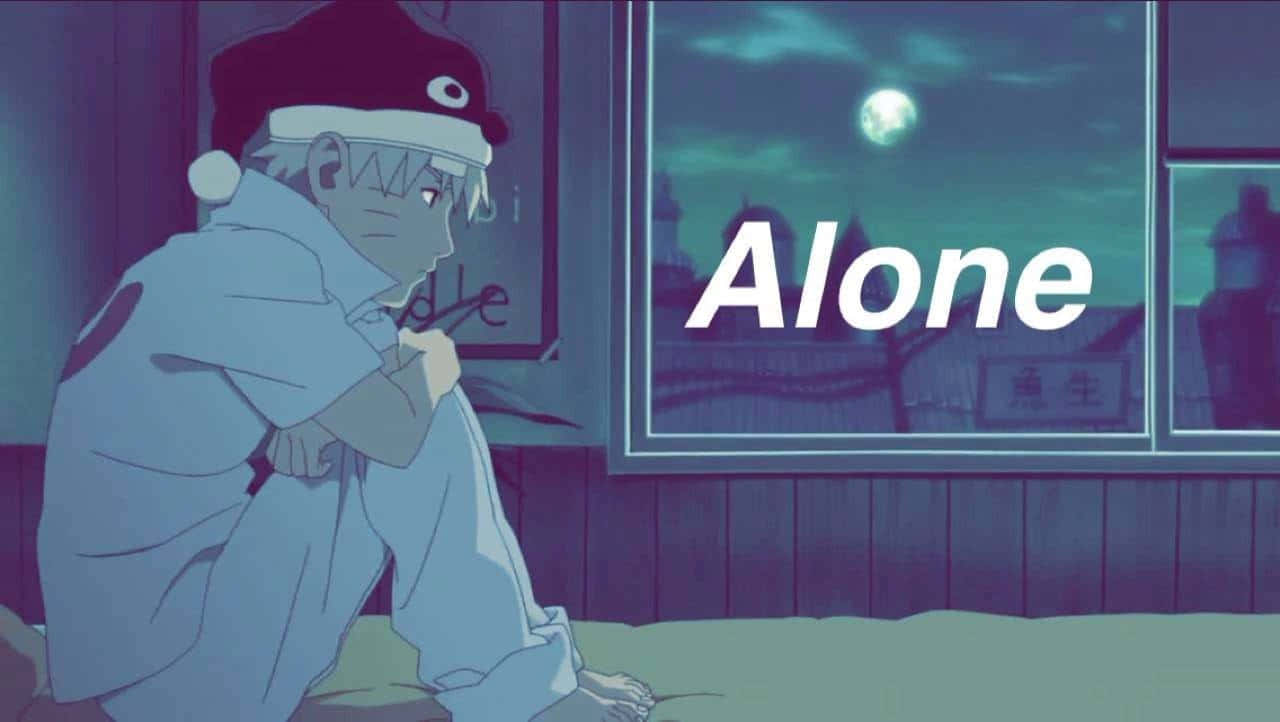 Naruto Alone 桌布 壁紙 — 一個孤獨的動漫男孩戴著聖誕帽，晚上蜷縮在窗邊，凝視著滿月，上面覆蓋著「Alone」這個詞。