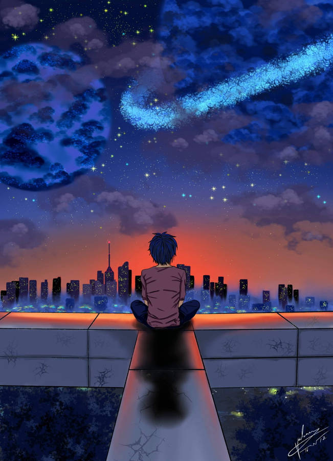 桌布 壁紙 — 一個孤獨的動漫男孩盤腿坐在屋頂邊緣，凝視著繁星點點的暮色天空下充滿活力的城市天際線，一顆發光的藍色彗星從頭頂劃過。