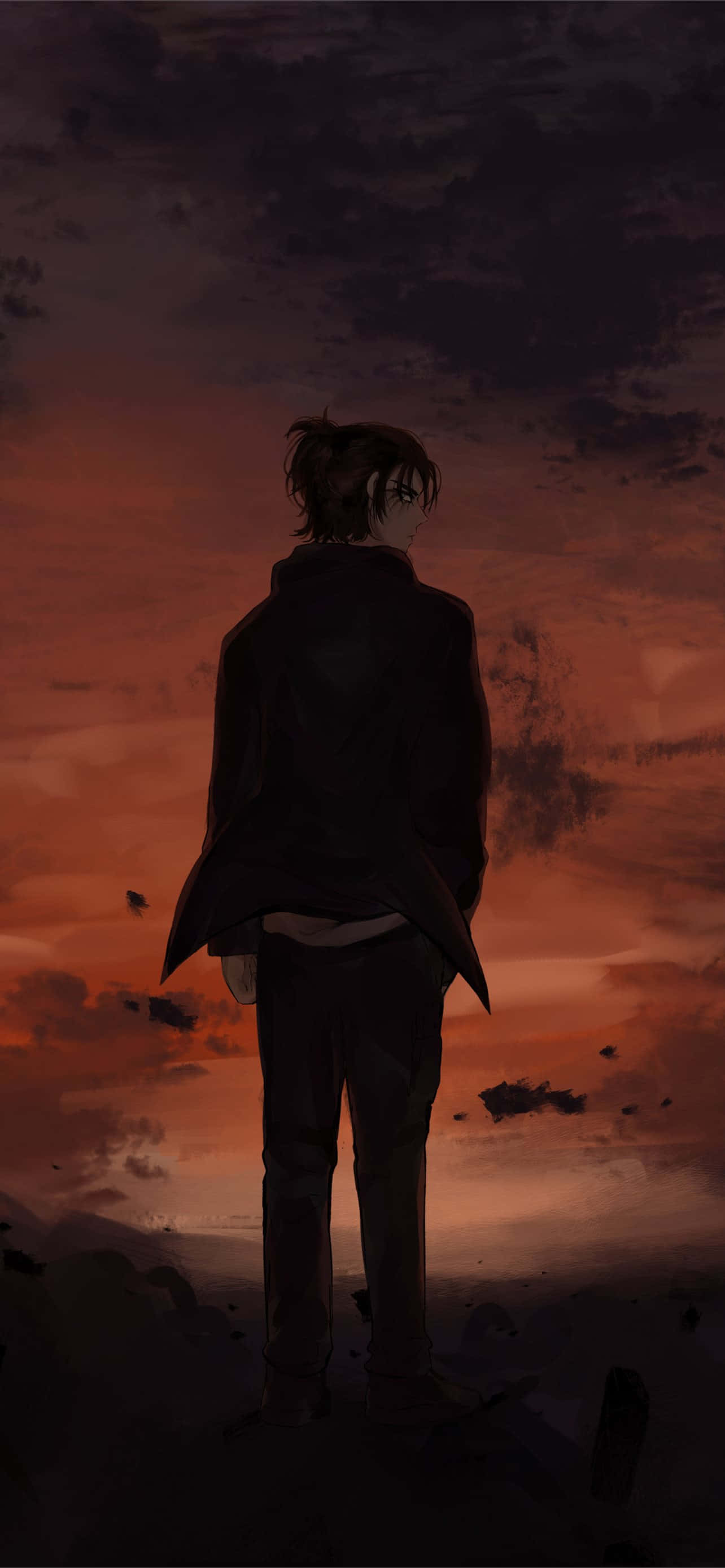 Attack On Titan Titan Eren 桌布 壁紙 — 一個孤獨的動漫男孩穿著深色外套，在火紅橙色和紫色的日落天空下形成剪影。