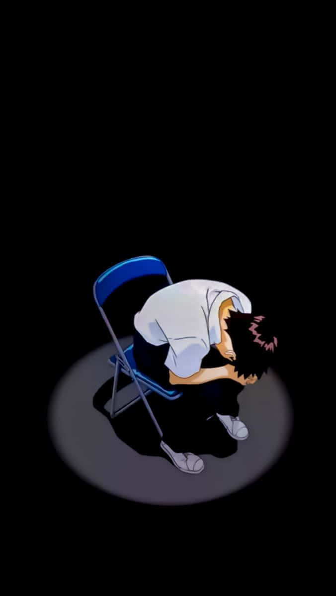 Shinji Ikari 桌布 壁紙 — 一個孤獨的動漫男孩穿著白襯衫，在黑色虛空中，單一聚光燈下癱倒在藍色摺疊椅上。