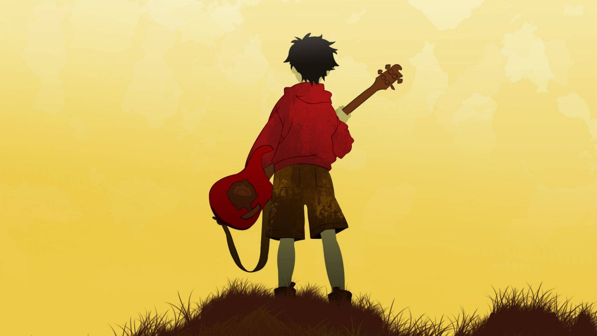 Flcl 桌布 壁紙 — 一個孤獨的動漫男孩穿著紅色連帽衫，站在日落時分的草地上，手持紅色吉他，背景是溫暖的黃色天空。