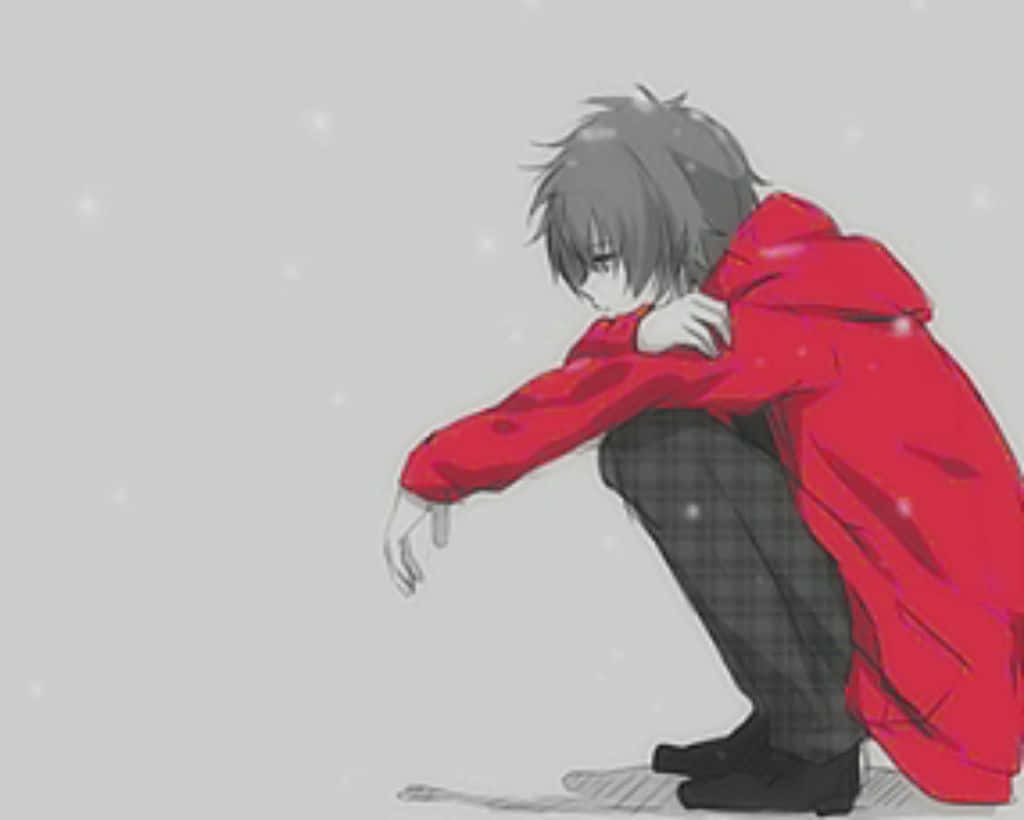 Broken Heart Anime 桌布 壁紙 — 一個孤獨的動漫男孩穿著紅色連帽衫蹲在飄落的雪中，背景是柔和的灰色。