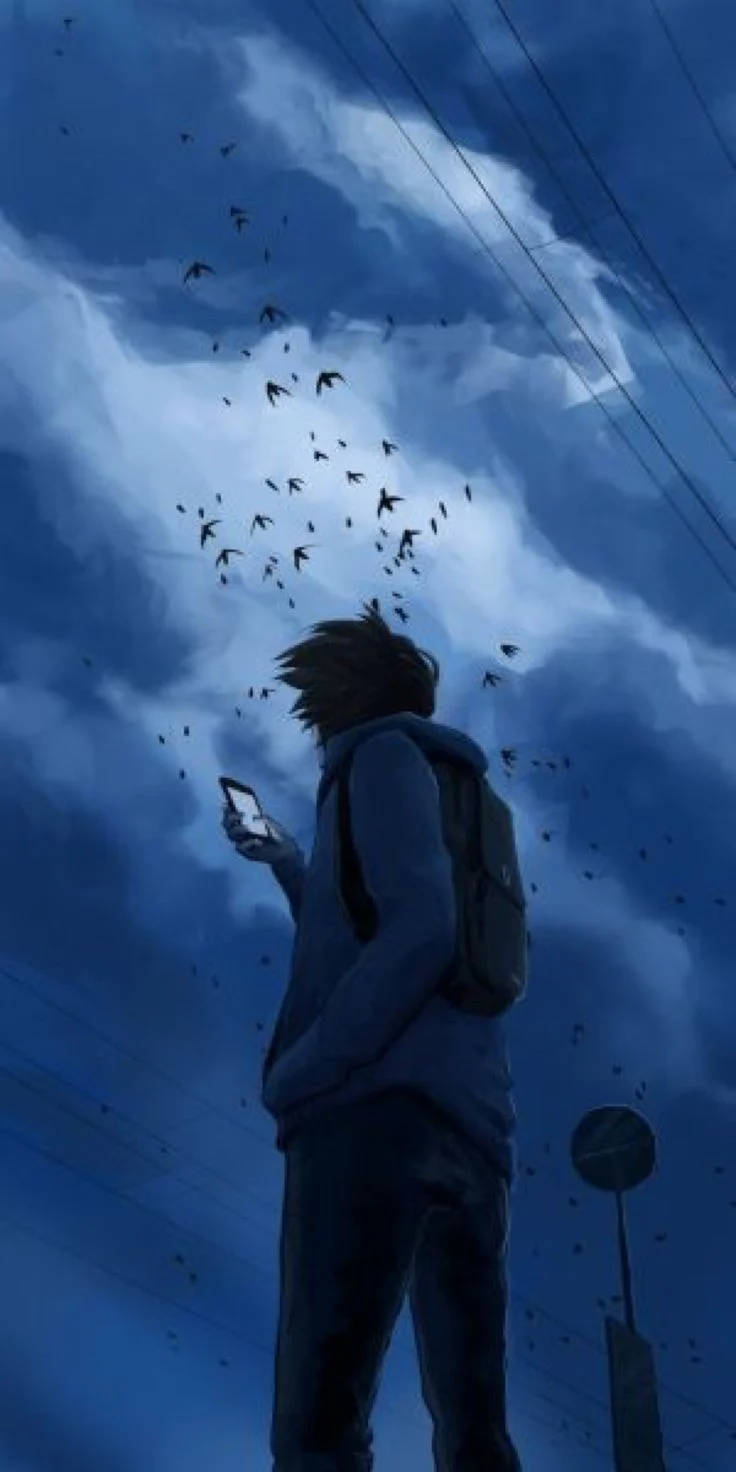 動漫男孩穿著連帽衫在暴風雨的天空下拿著手機，鳥兒飛舞。 — 孤獨男孩 動漫 壁紙
