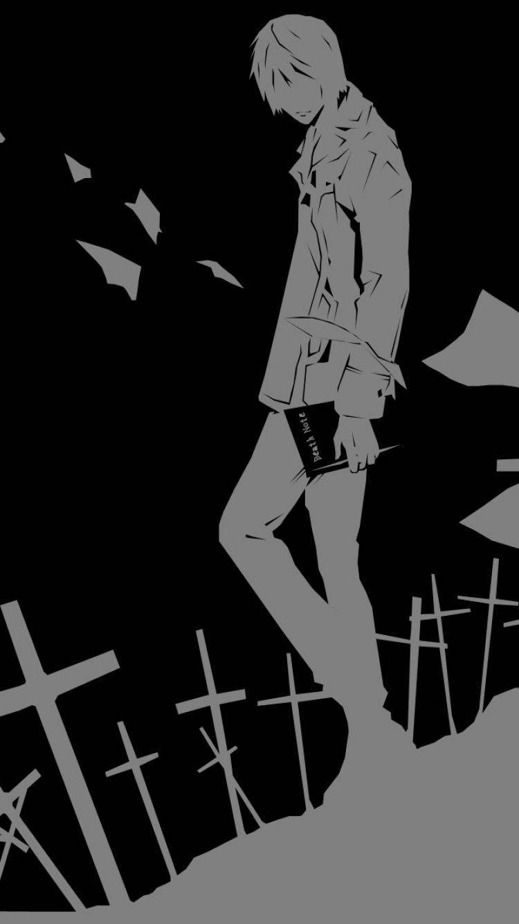 死亡筆記本 桌布 壁紙 — 一個孤獨的動漫男孩穿著風衣，在黑色背景下拿著一本書走過墓地。