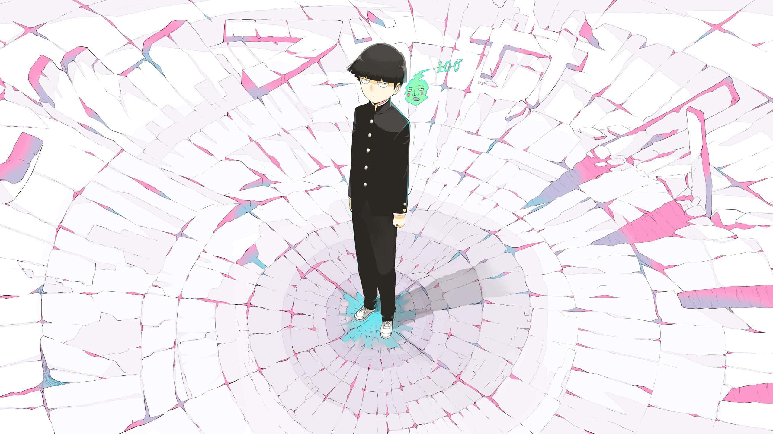 動漫 桌布 壁紙 — 一個孤獨的動漫男孩穿著黑色制服，站在由破碎的白色和粉紅色紙片組成的螺旋漩渦中心。