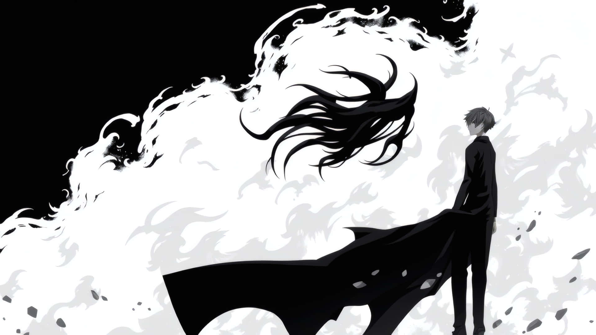 Anime Black and White 壁紙 — 一個孤獨的動漫男孩穿著黑色衣服，站在旋轉的白雲前，雲中出現一條長長的黑色頭髮狀物體。