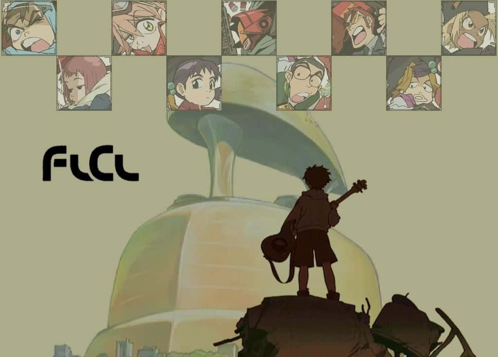 Flcl 桌布 壁紙 — 一個孤獨的動漫男孩站在一個拿著吉他的巨型機器人頂上，周圍漂浮著角色肖像，背景是柔和的綠色。