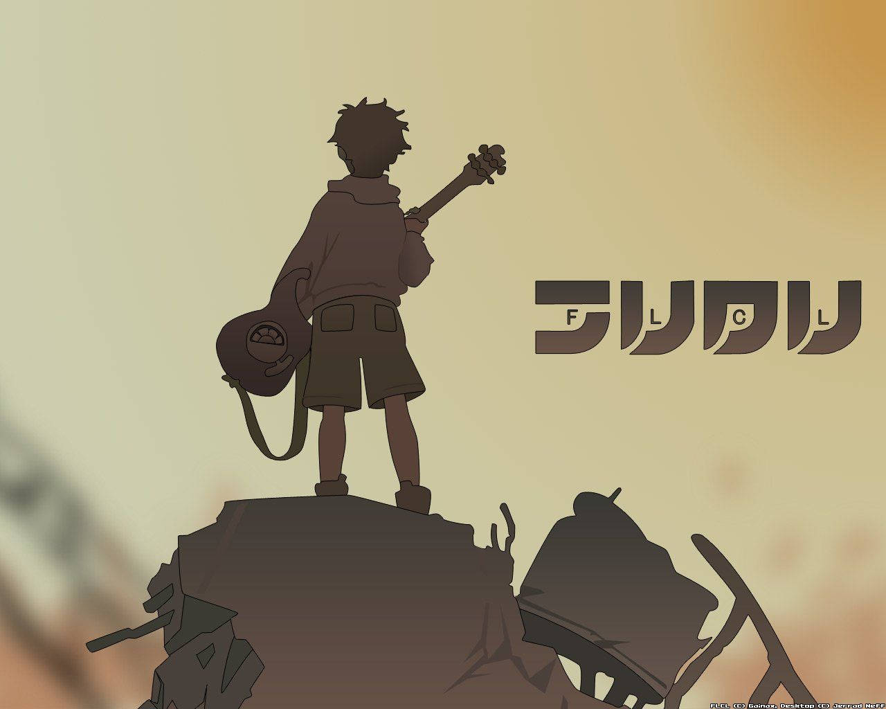Flcl 桌布 壁紙 — 一個孤獨的動漫男孩站在岩石廢墟上，拿著吉他，背景是溫暖的漸層天空。