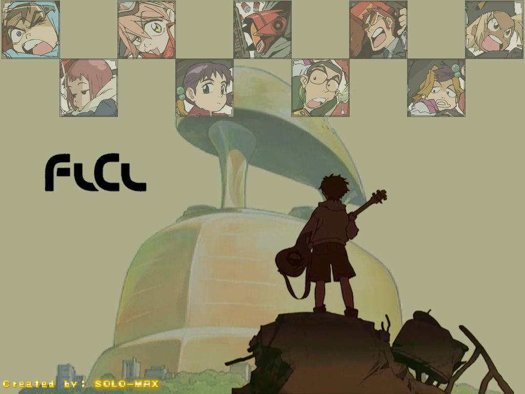 Flcl 桌布 壁紙 — 一個孤獨的動漫男孩站在廢墟頂上，拿著吉他，浮動的角色肖像在他上方盤旋，背景是柔和的綠色。